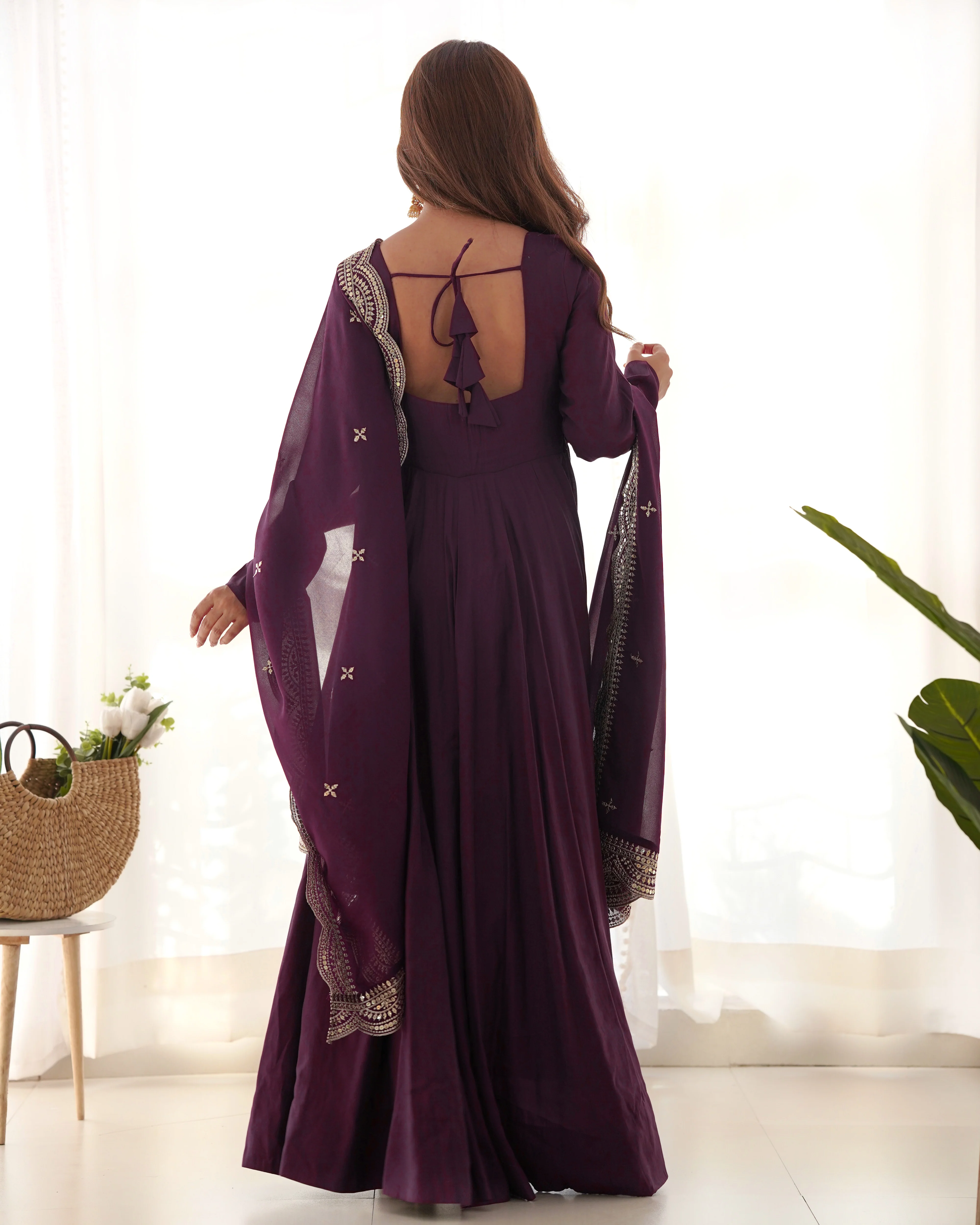 Premium Quality Pure Romansilk Chanderi Fabric Fully Flair Anarkali With Dupatta Set, Pent Ready To Wear-Wine - Image 9