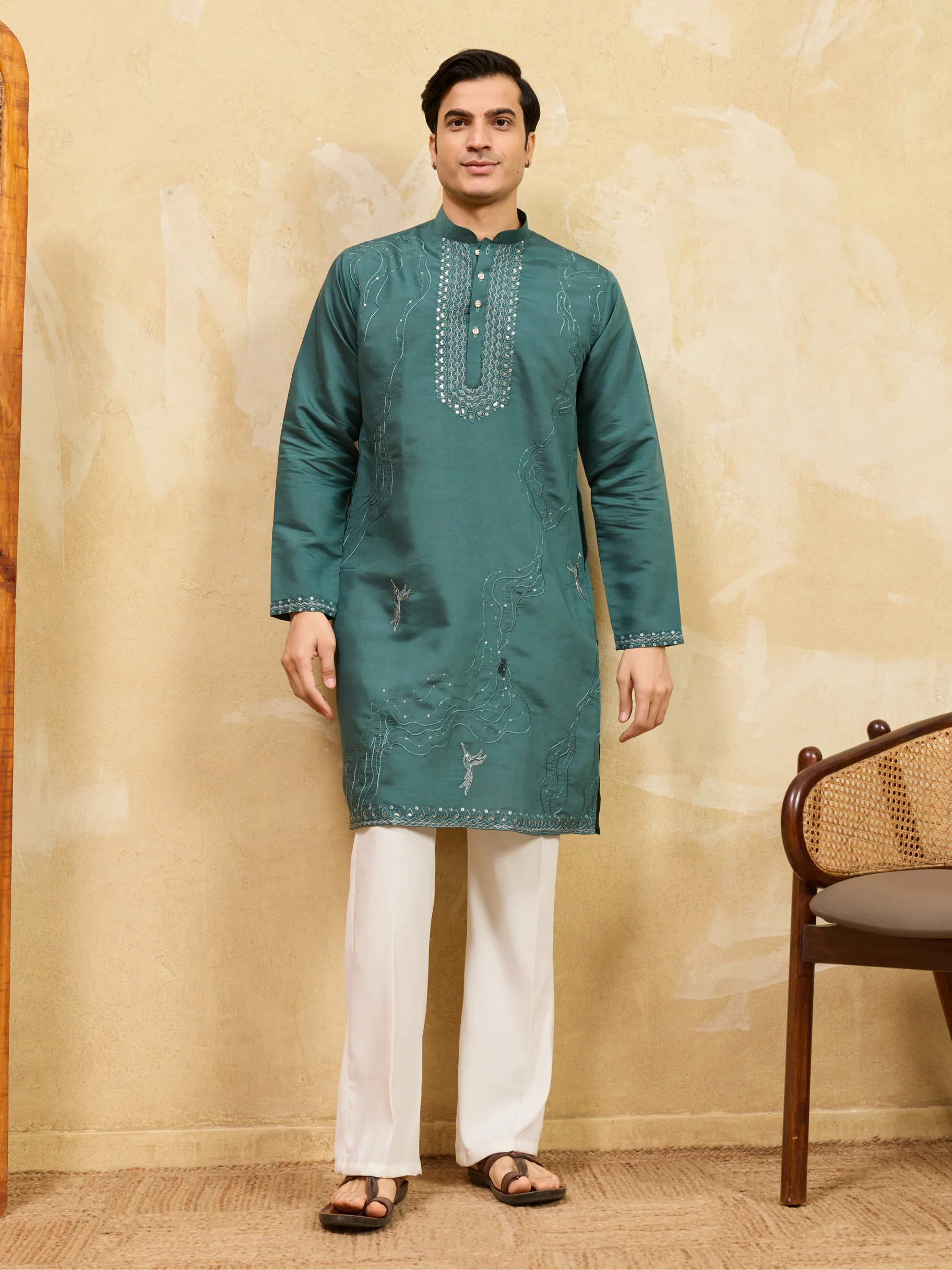 Premium Rama Green Viscose Silk Embroidered Kurta Set