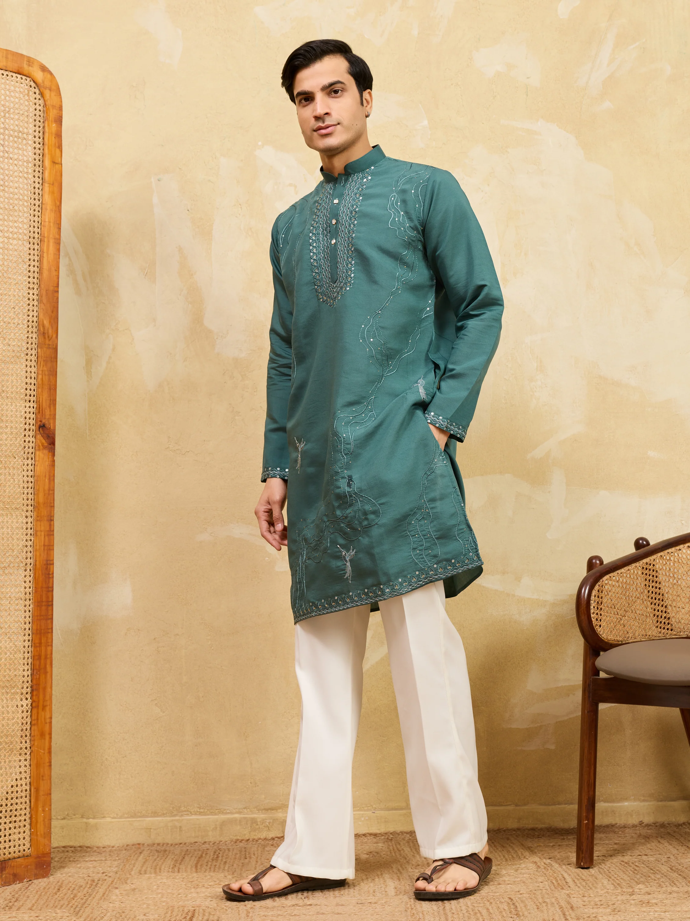 Premium Rama Green Viscose Silk Embroidered Kurta Set - Image 5
