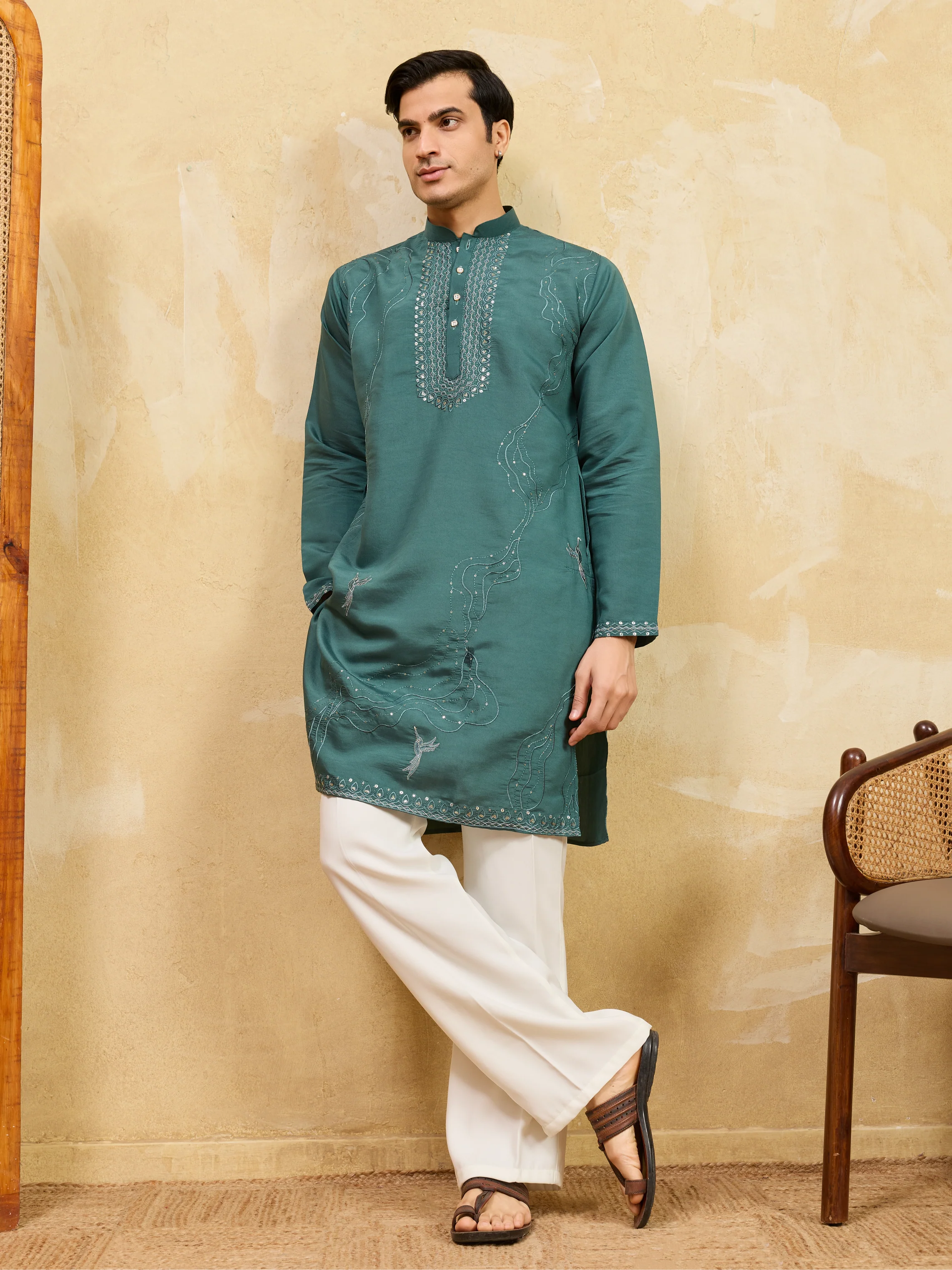 Premium Rama Green Viscose Silk Embroidered Kurta Set - Image 6
