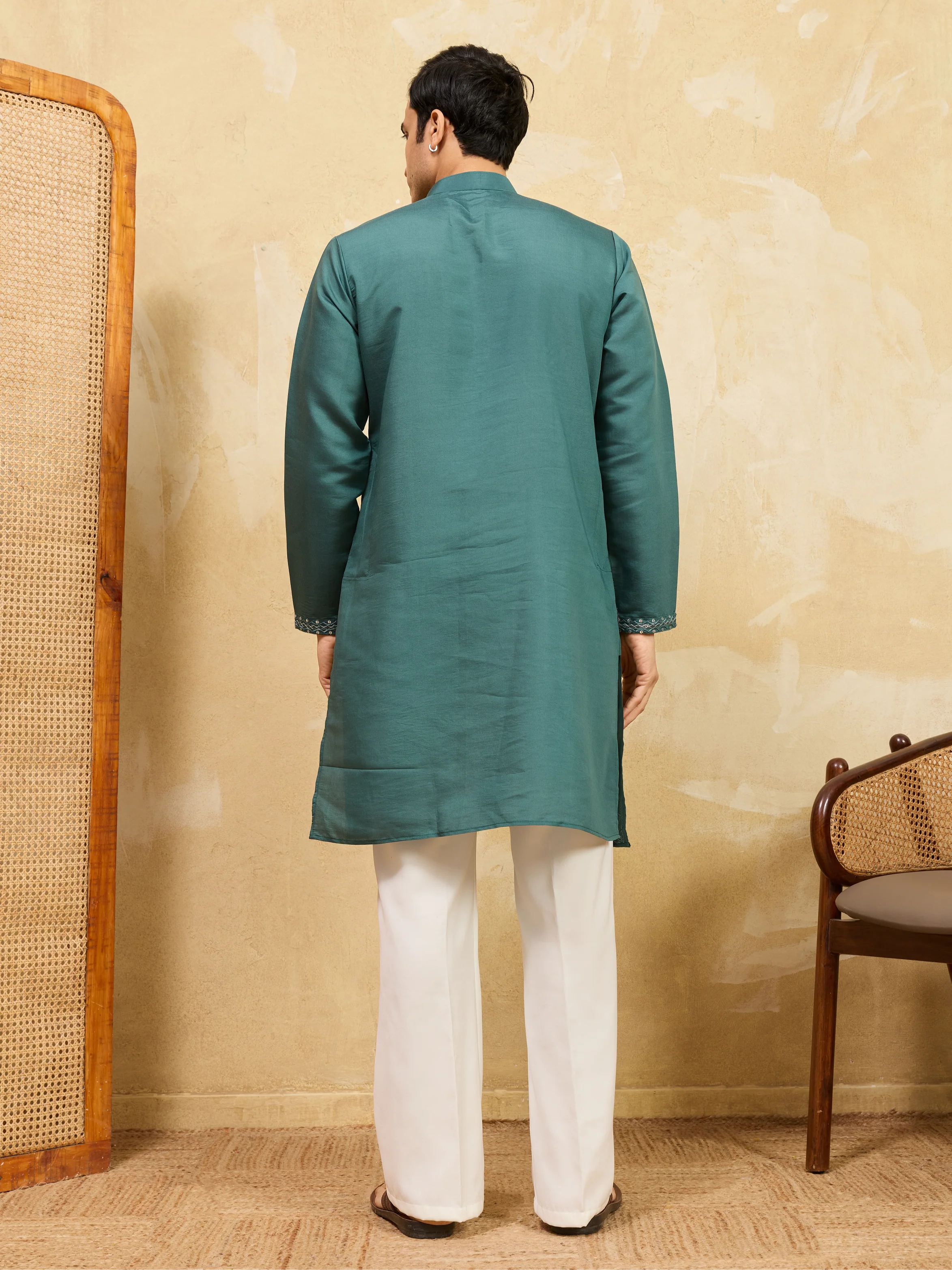 Premium Rama Green Viscose Silk Embroidered Kurta Set - Image 7