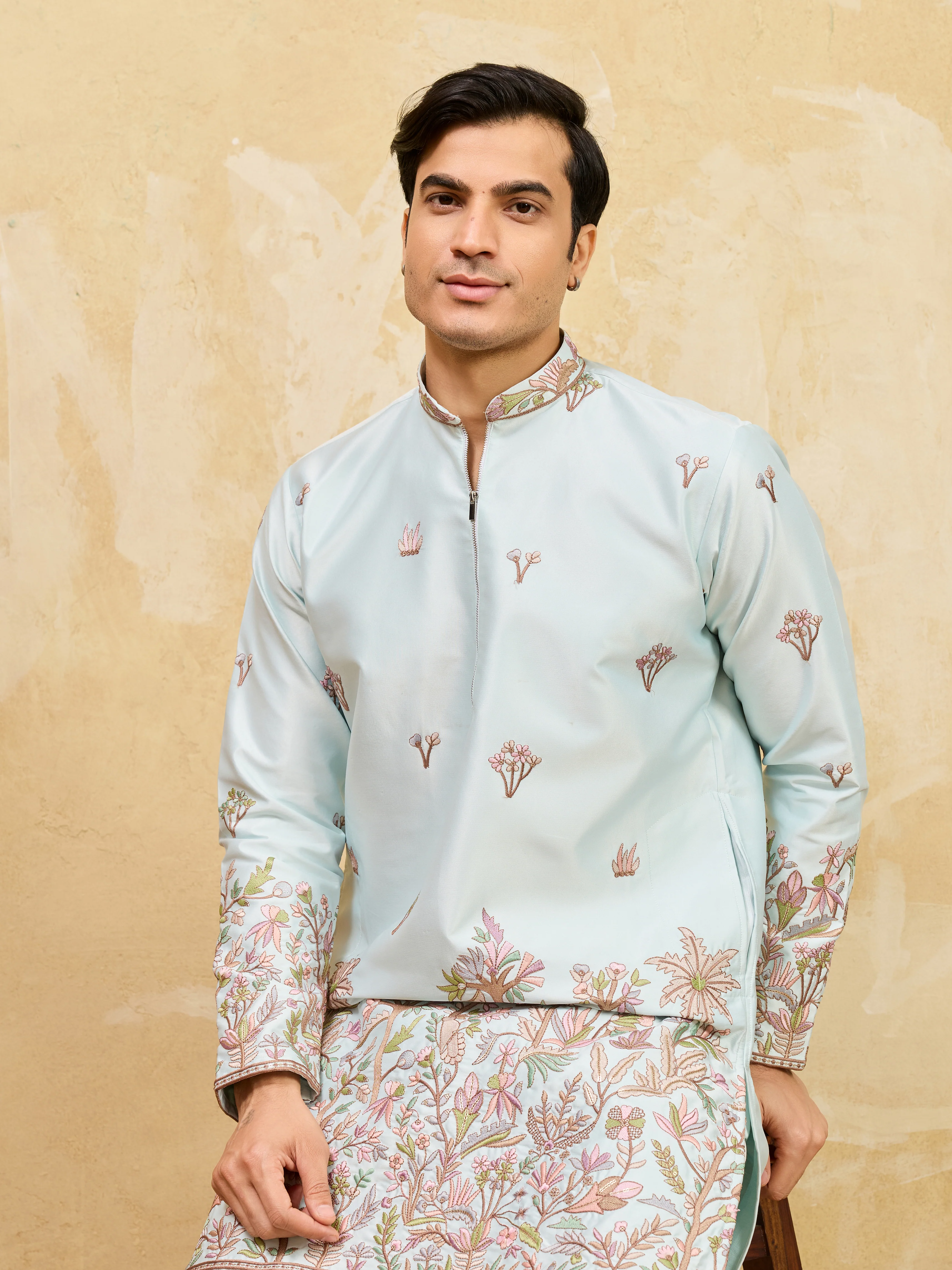 Premium Sky Viscose Silk Embroidered Work Kurta Set For Festive Occasion - Image 2