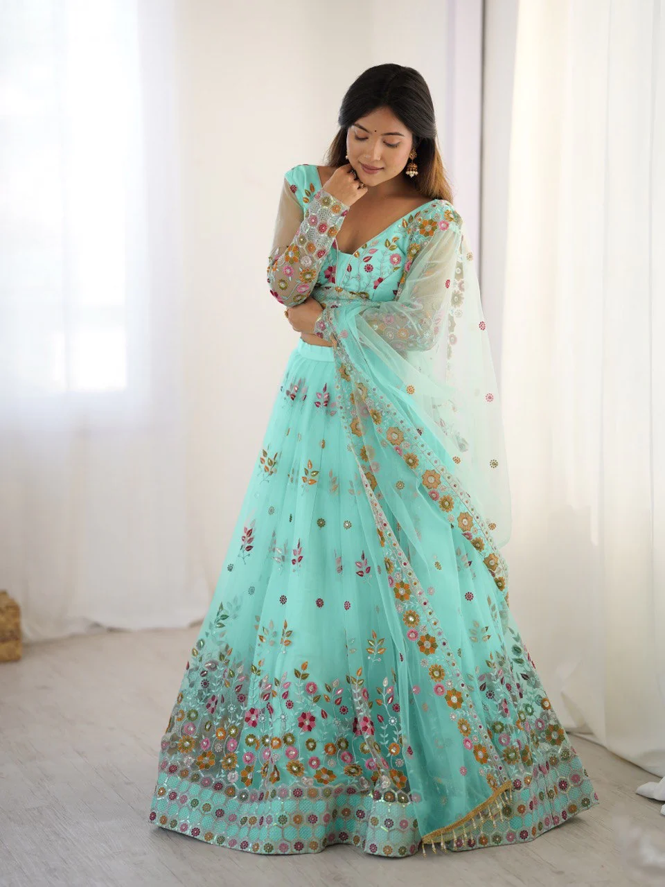 Premium Soft Net with Coding Dori with Thread & Sequence work Lehenga Choli Set - Image 10