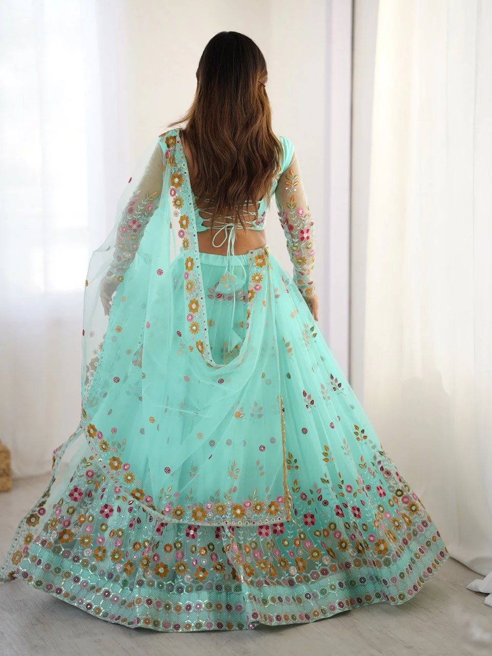 Premium Soft Net with Coding Dori with Thread & Sequence work Lehenga Choli Set - Image 15