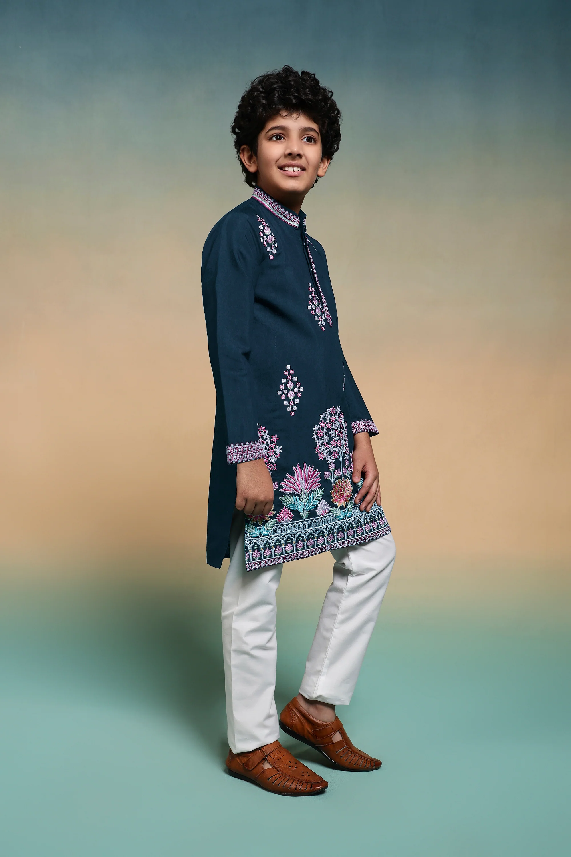 Premium Teal Blue Viscose Silk Multi Thread Work Kurta Pajama Set - Image 5