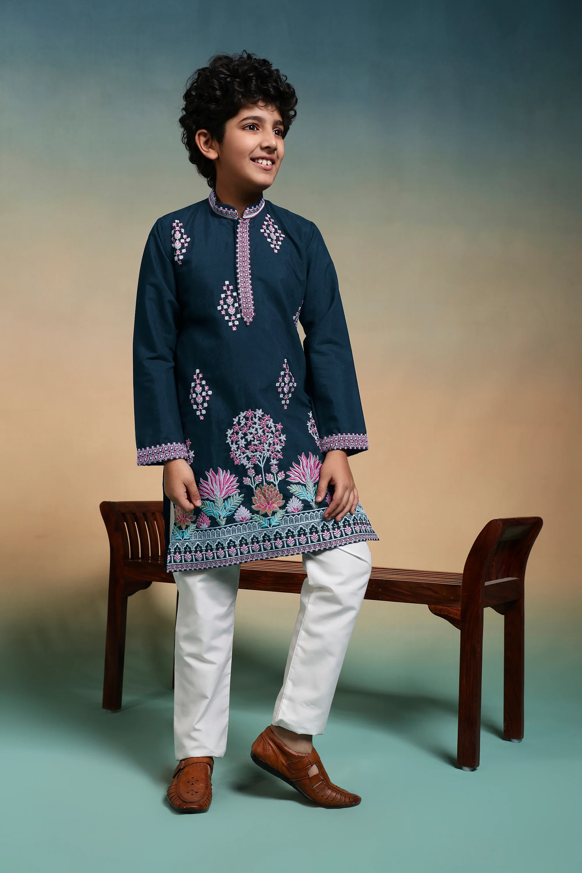 Premium Teal Blue Viscose Silk Multi Thread Work Kurta Pajama Set - Image 6