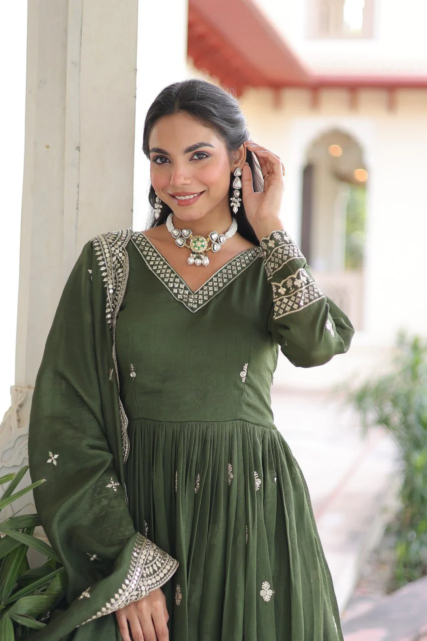 Premium Vichitra Silk Designer Gown And Dupatta Set - Image 10
