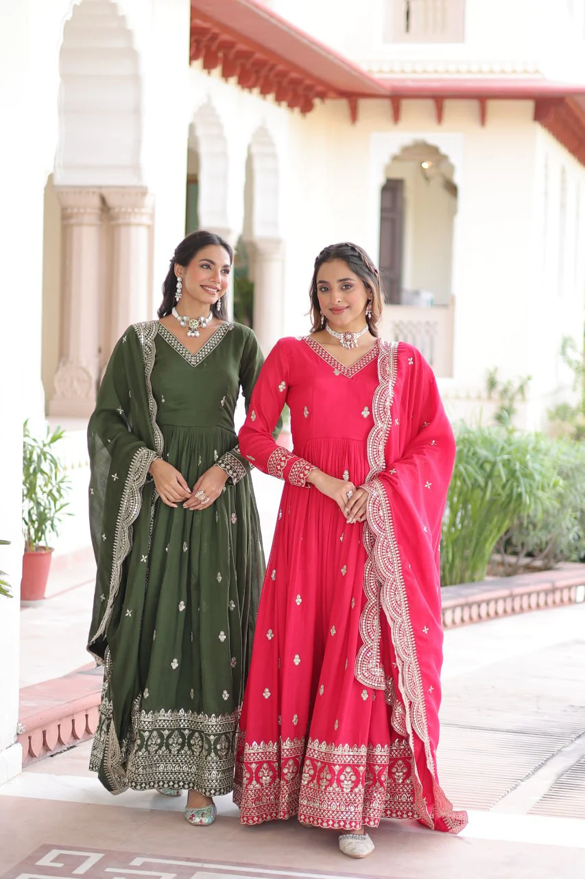 Premium Vichitra Silk Designer Gown And Dupatta Set - Image 12
