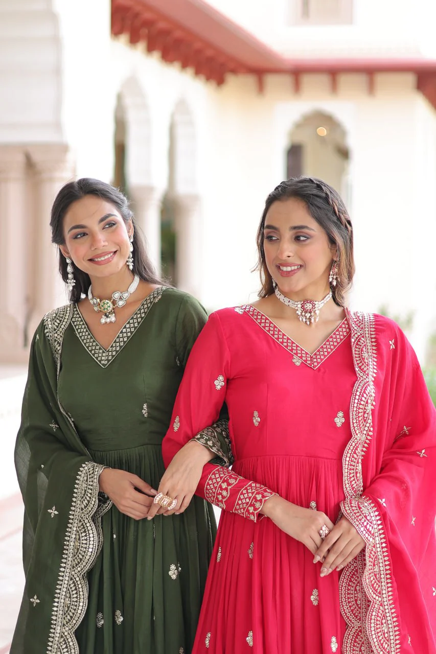 Premium Vichitra Silk Designer Gown And Dupatta Set - Image 13