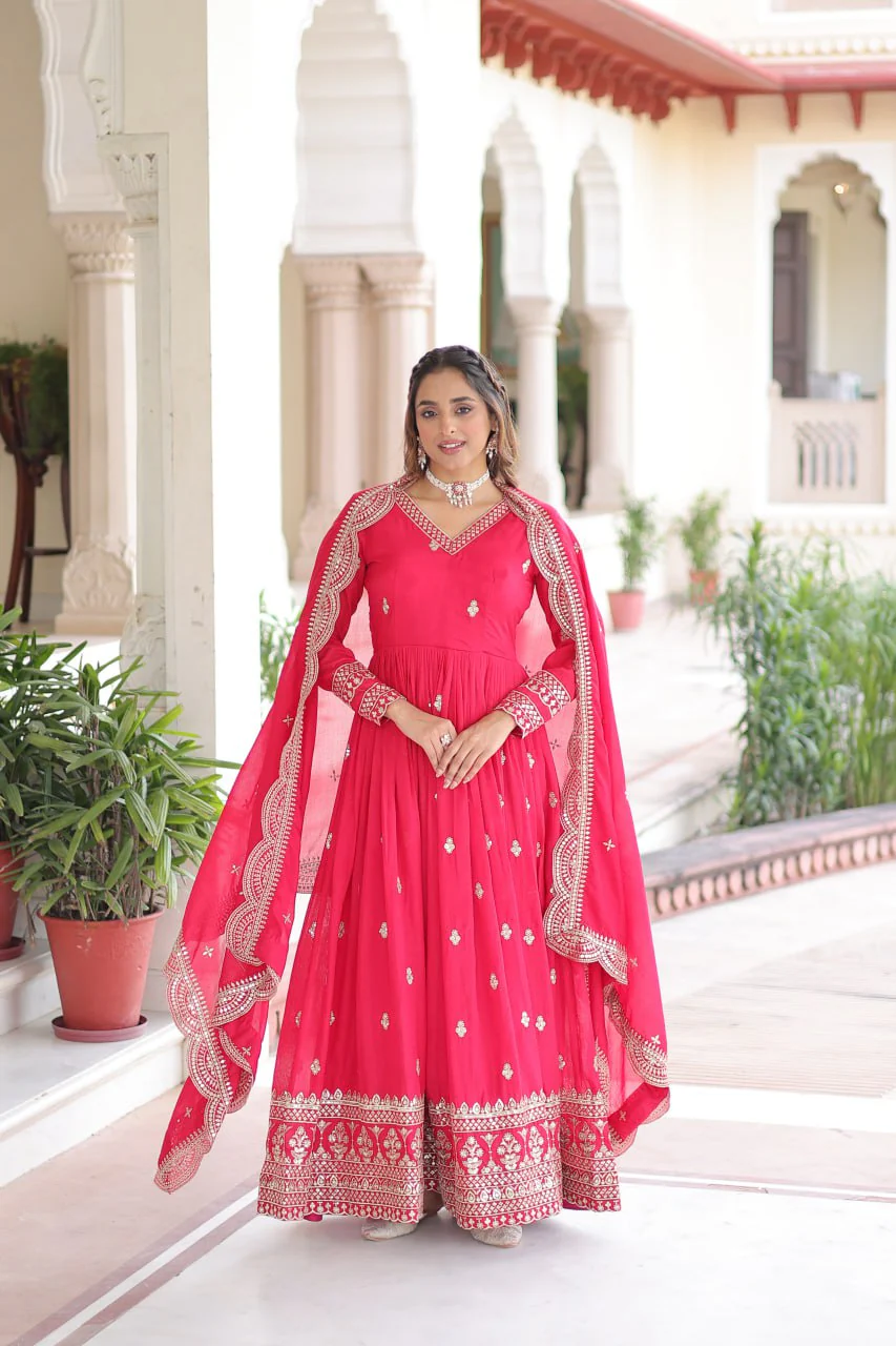 Premium Vichitra Silk Designer Gown And Dupatta Set - Image 3