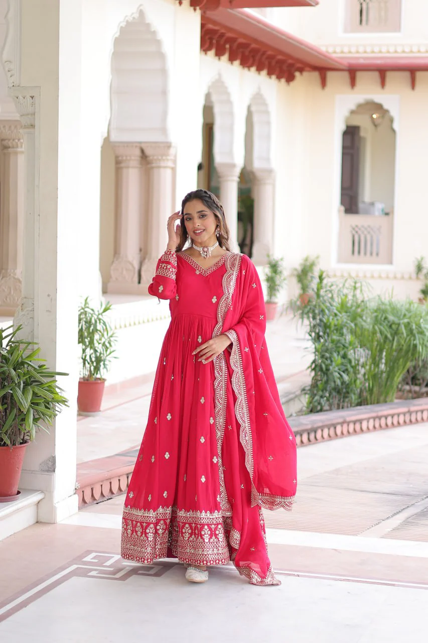 Premium Vichitra Silk Designer Gown And Dupatta Set - Image 6