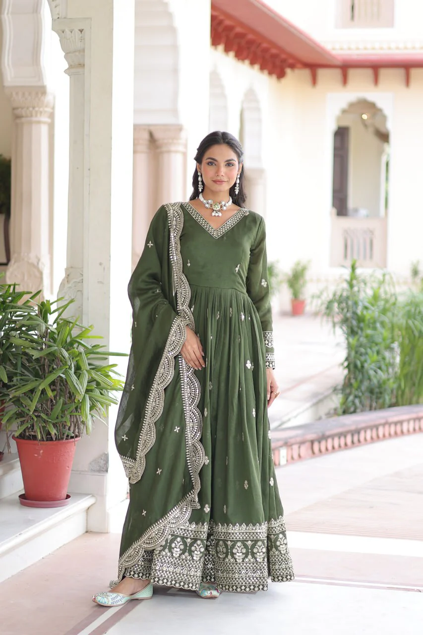 Premium Vichitra Silk Designer Gown And Dupatta Set - Image 8