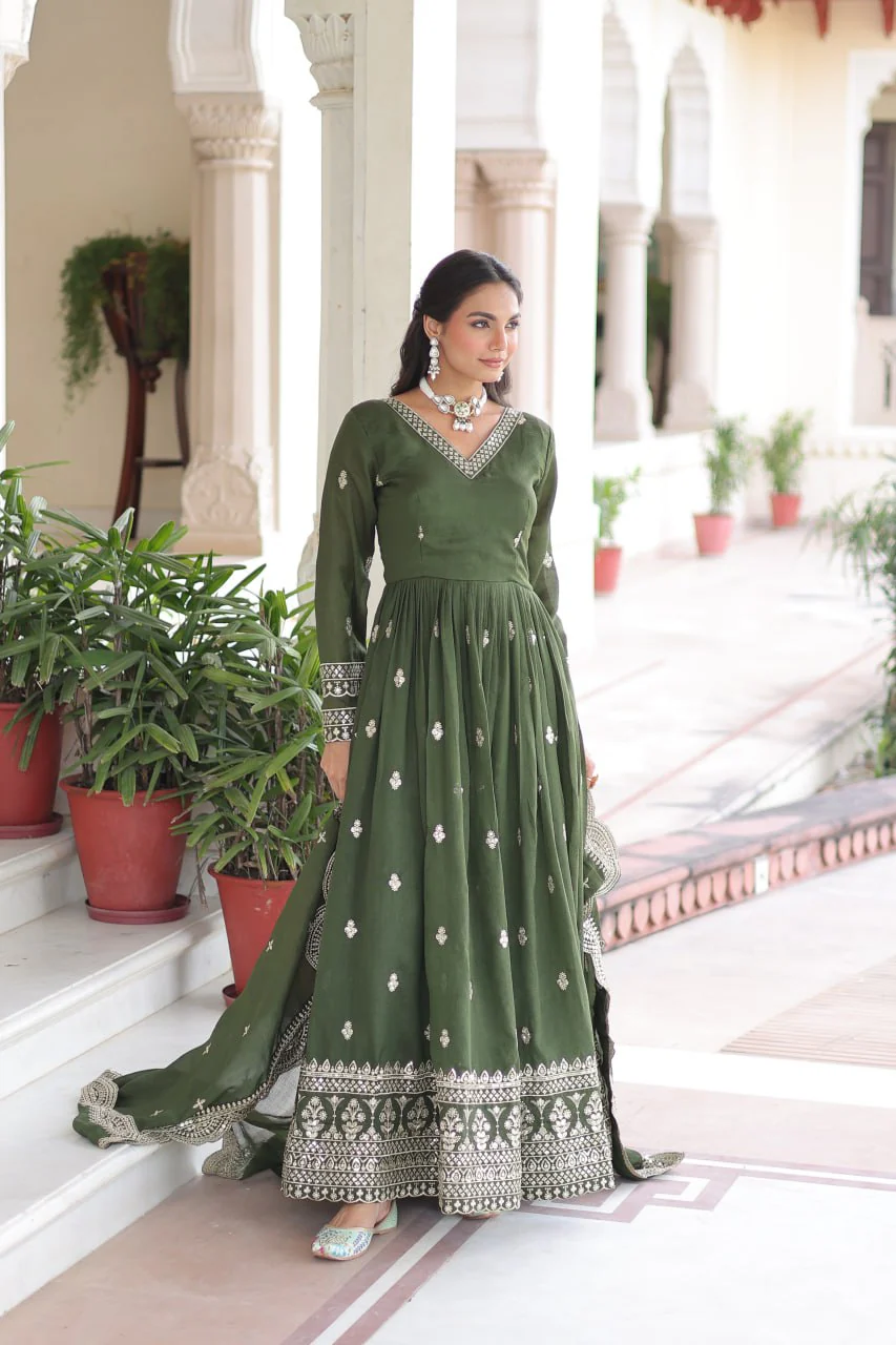 Premium Vichitra Silk Designer Gown And Dupatta Set - Image 9
