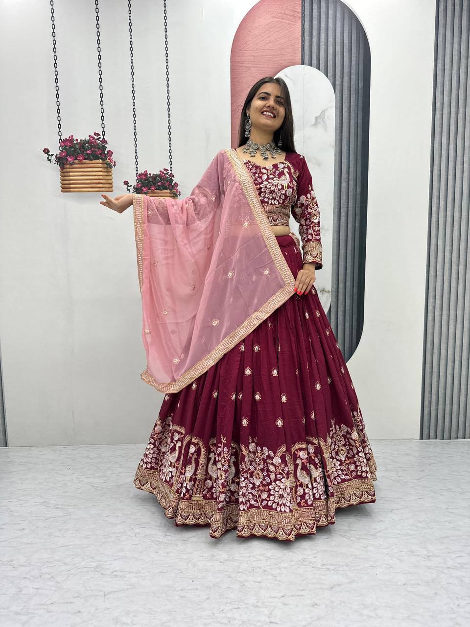 Premium Vichitra Silk with Heavy Embroidery Sequence & Thread Work Lehenga Choli Set - Image 11