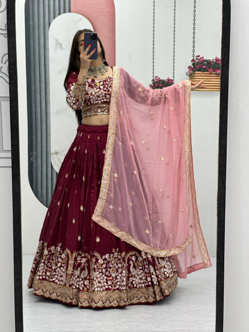 Premium Vichitra Silk with Heavy Embroidery Sequence & Thread Work Lehenga Choli Set - Image 13
