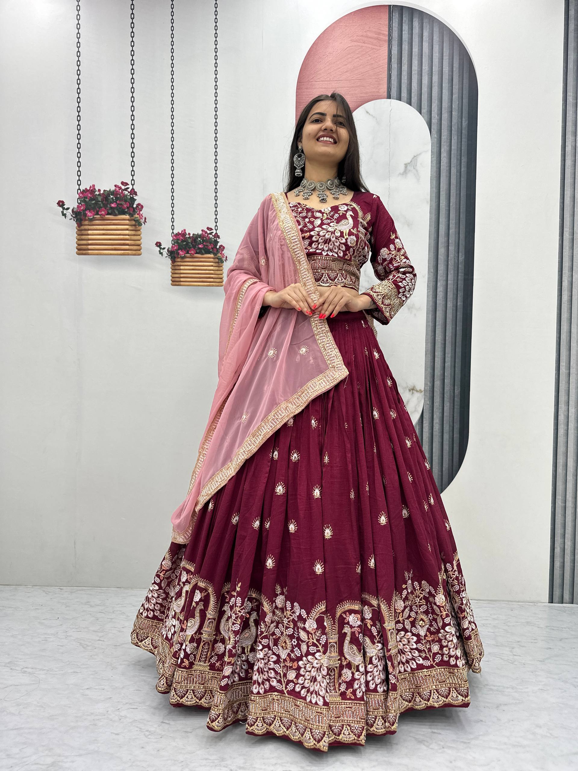 Premium Vichitra Silk with Heavy Embroidery Sequence & Thread Work Lehenga Choli Set - Image 15