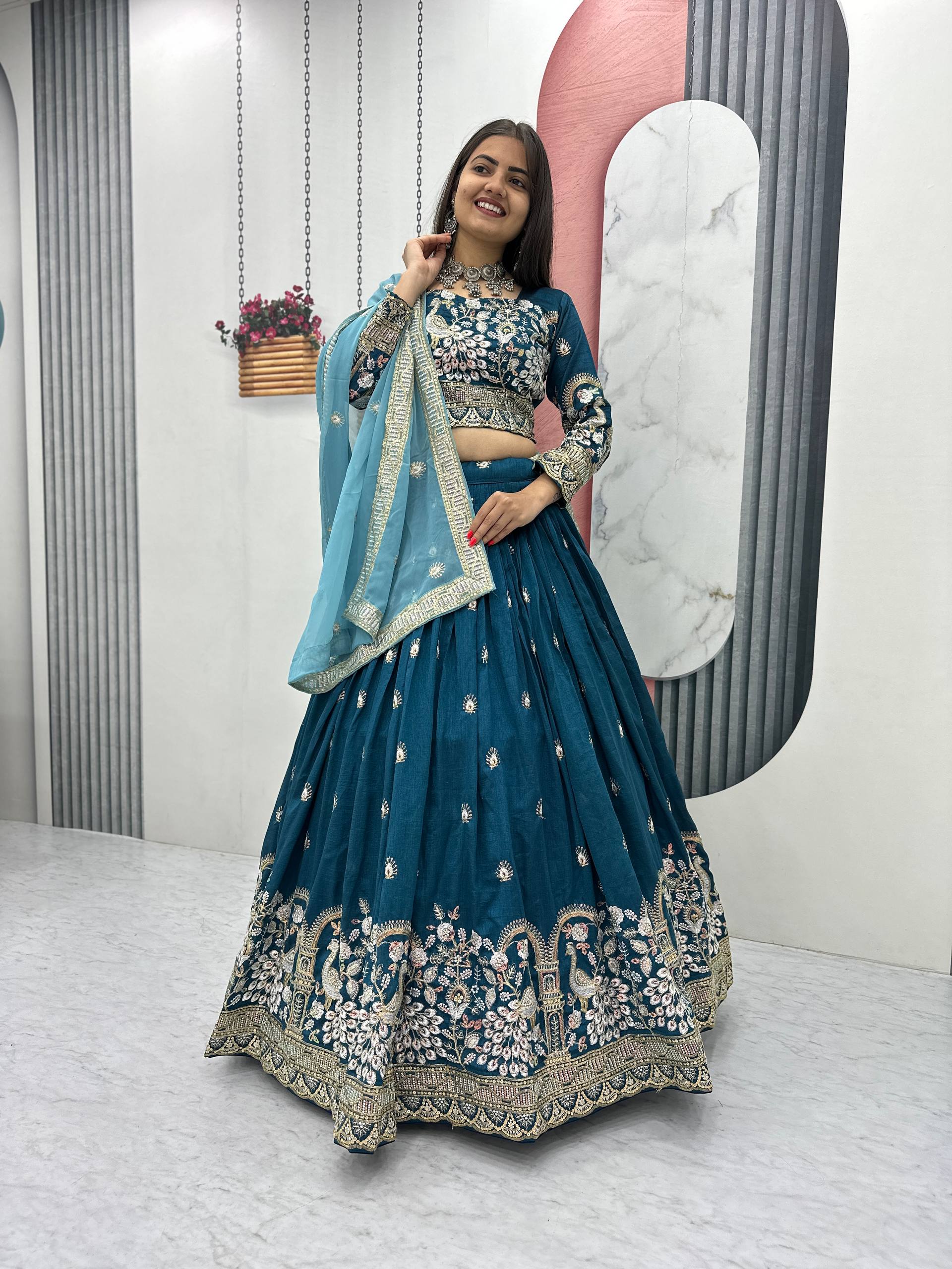 Premium Vichitra Silk with Heavy Embroidery Sequence & Thread Work Lehenga Choli Set - Image 6