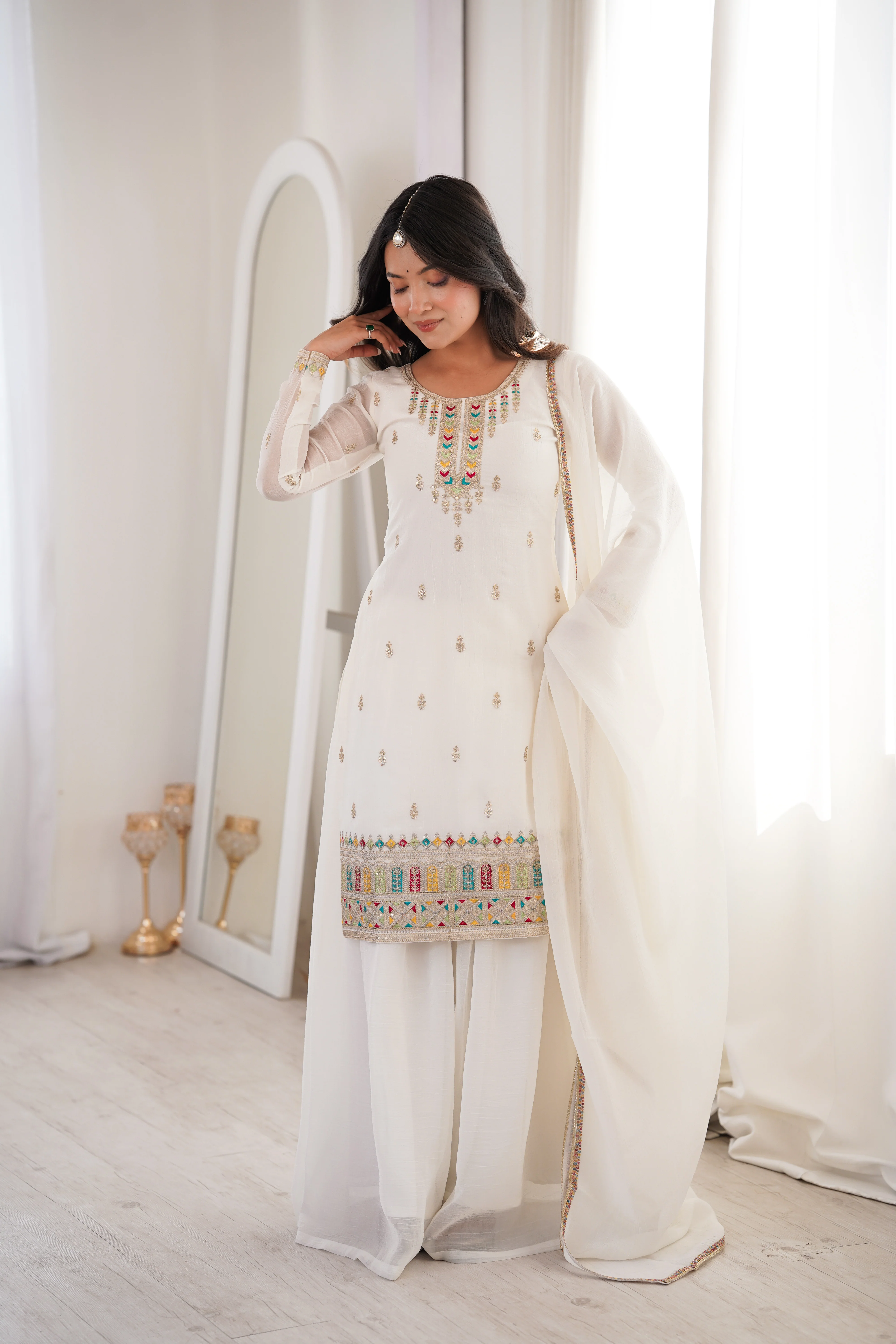 Premium White Crunchy Silk Kurta Set with Flared Sharara and Fancy Dupatta