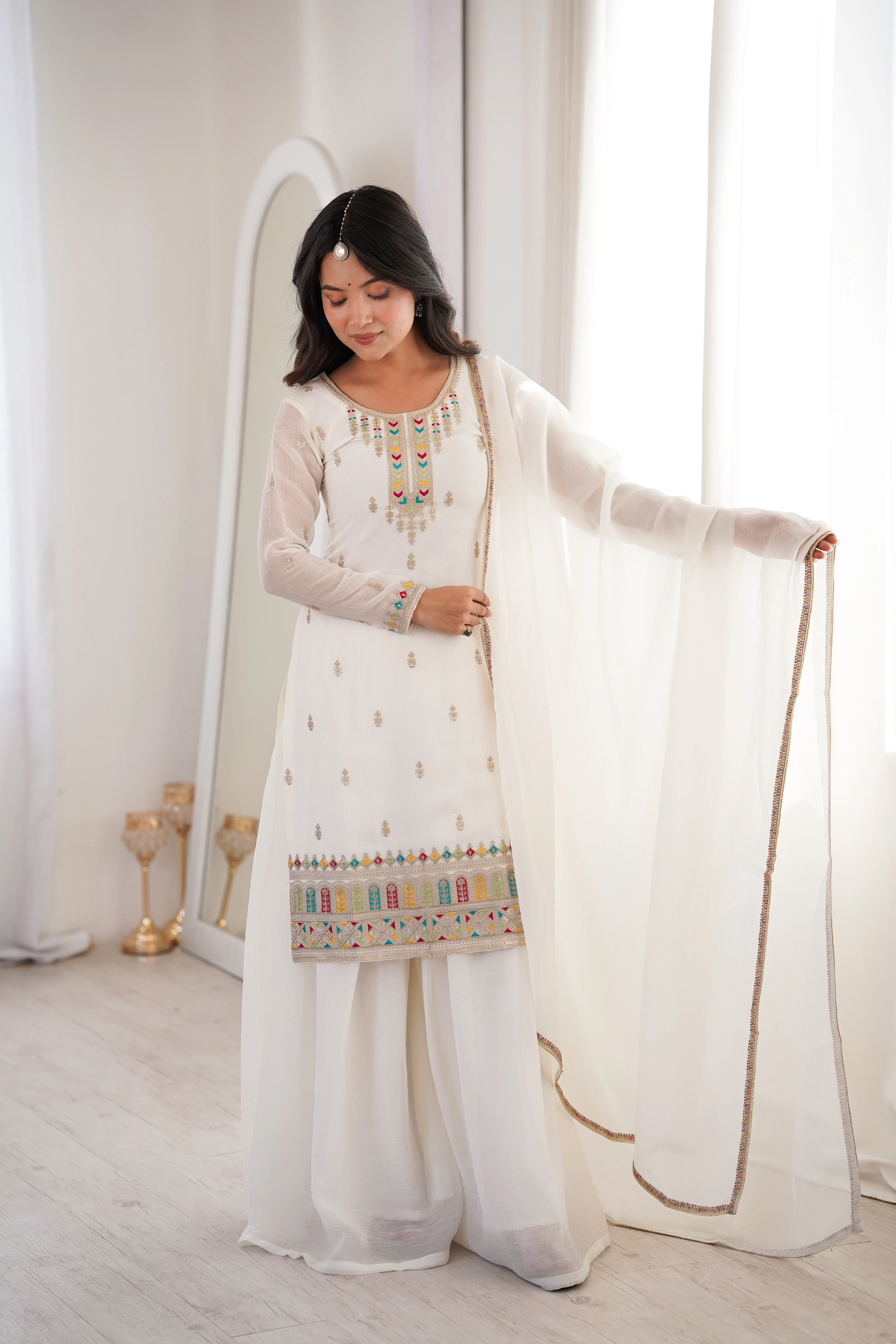 Premium White Crunchy Silk Kurta Set with Flared Sharara and Fancy Dupatta - Image 2