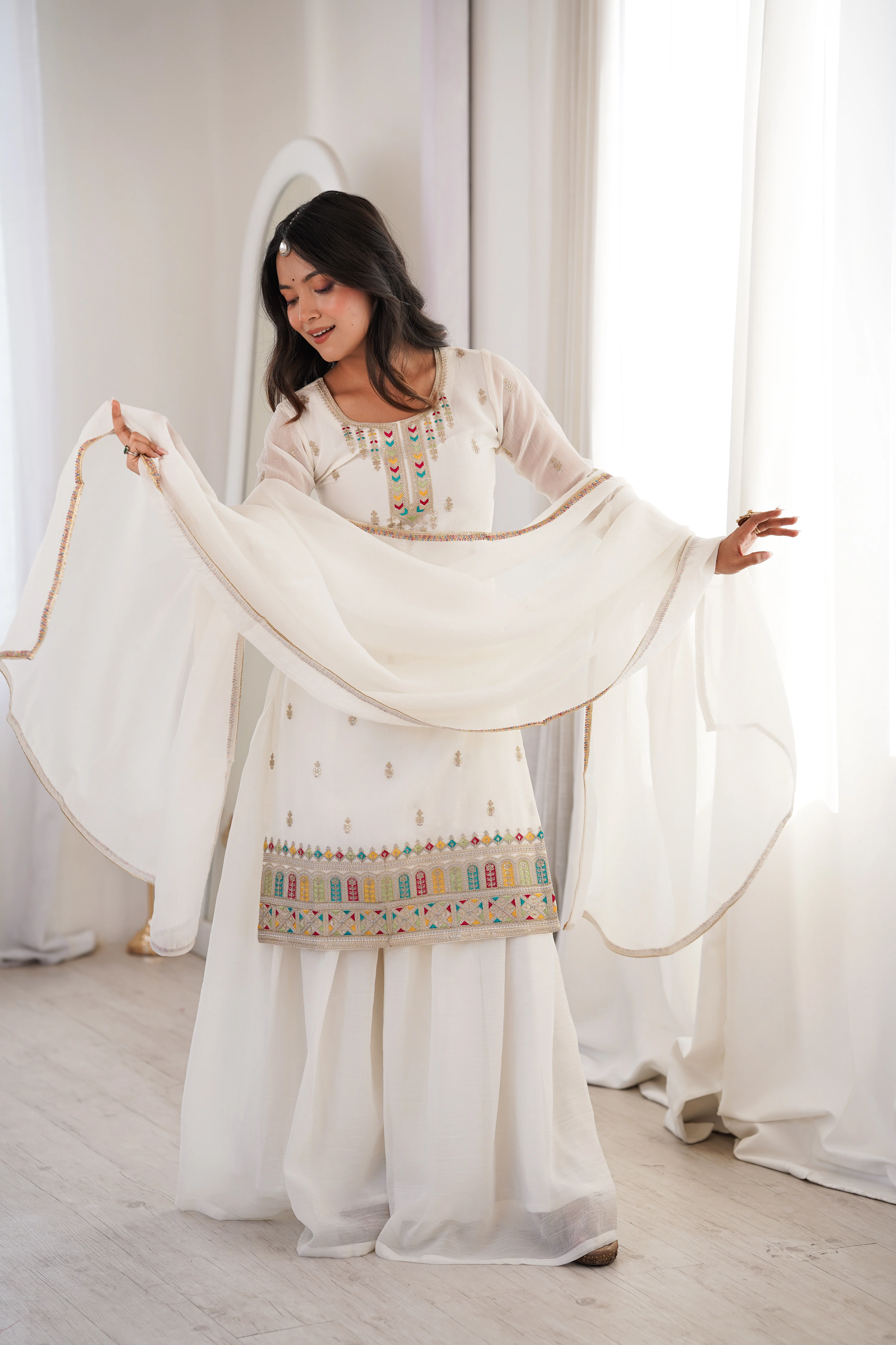 Premium White Crunchy Silk Kurta Set with Flared Sharara and Fancy Dupatta - Image 3