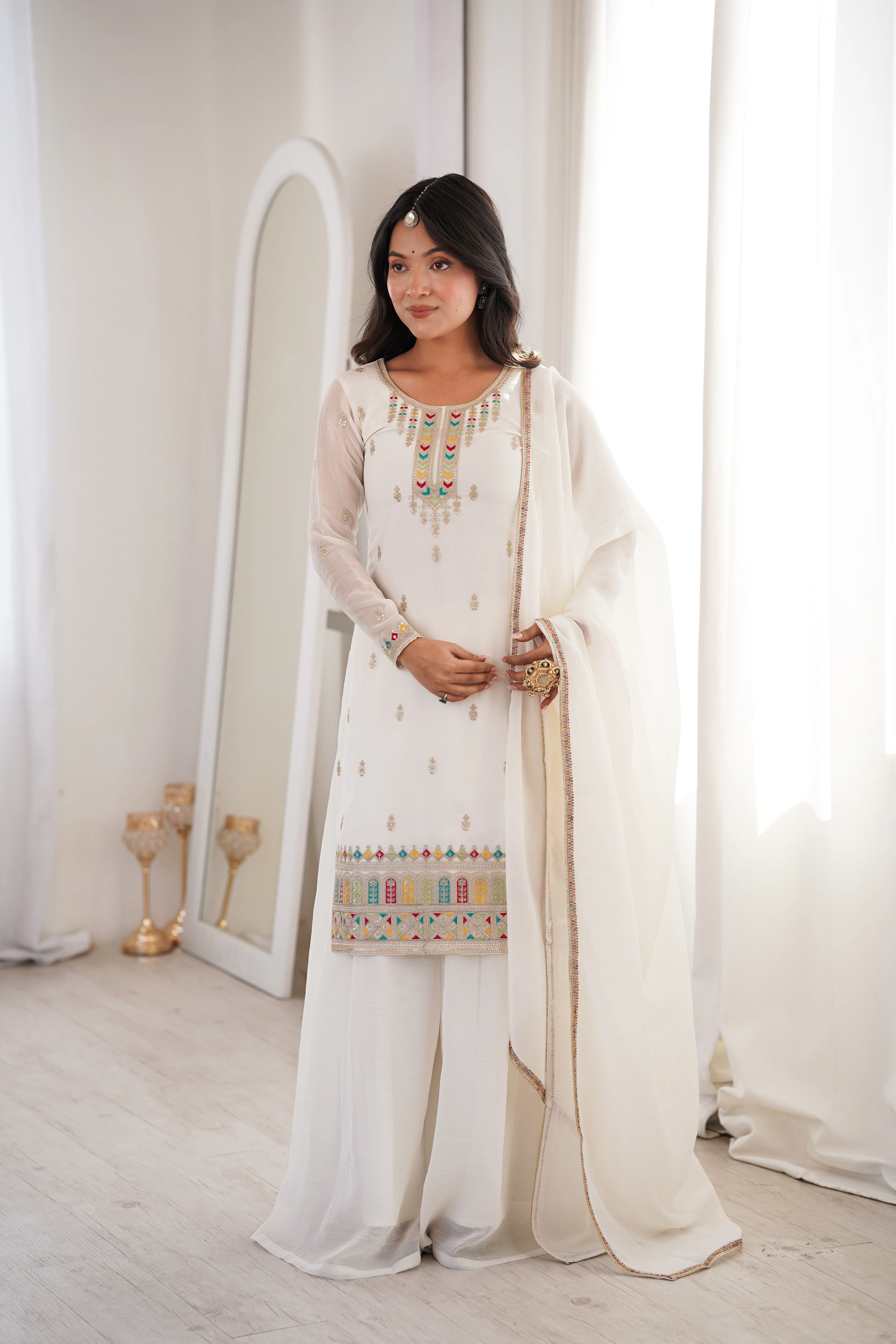 Premium White Crunchy Silk Kurta Set with Flared Sharara and Fancy Dupatta - Image 4