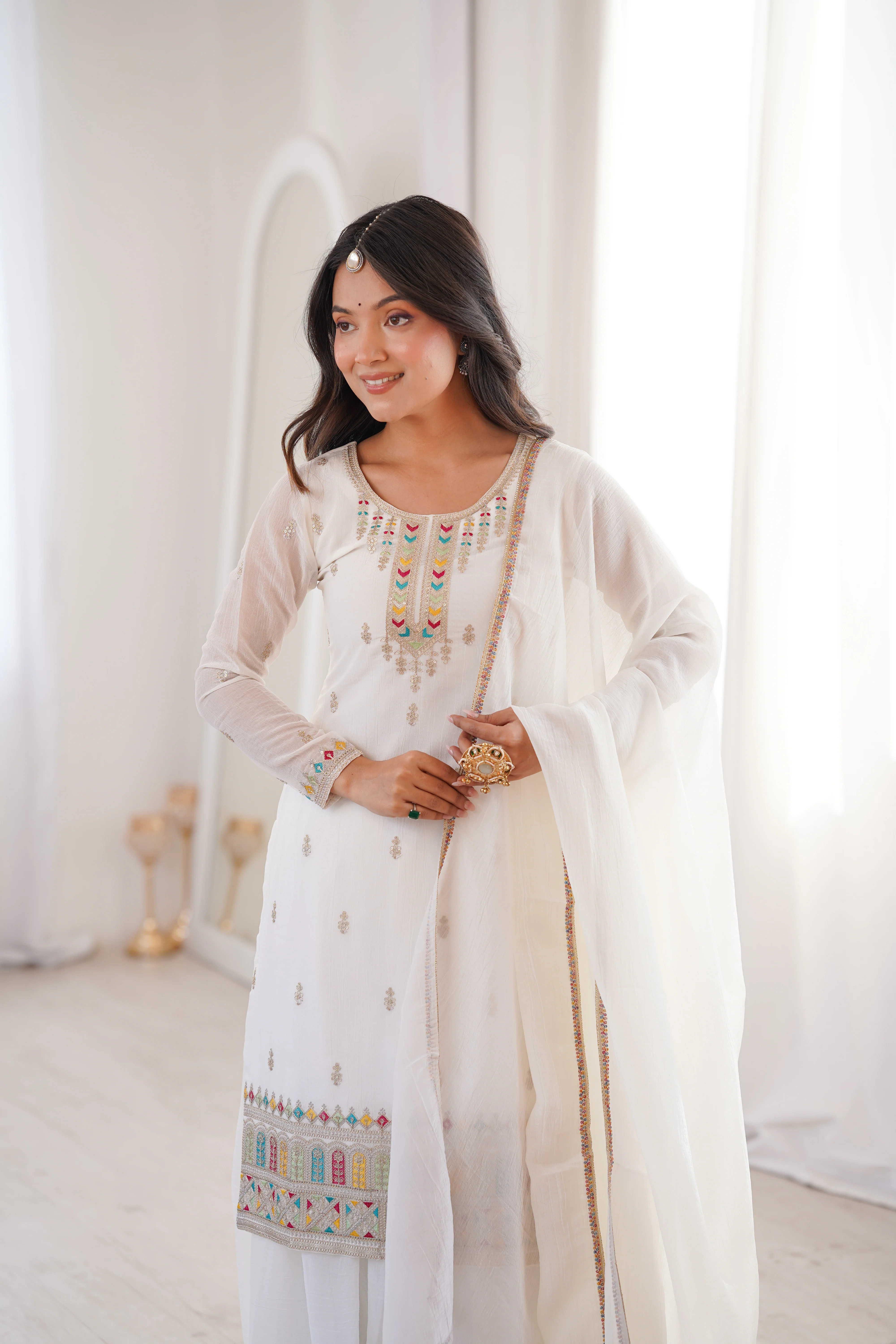 Premium White Crunchy Silk Kurta Set with Flared Sharara and Fancy Dupatta - Image 5