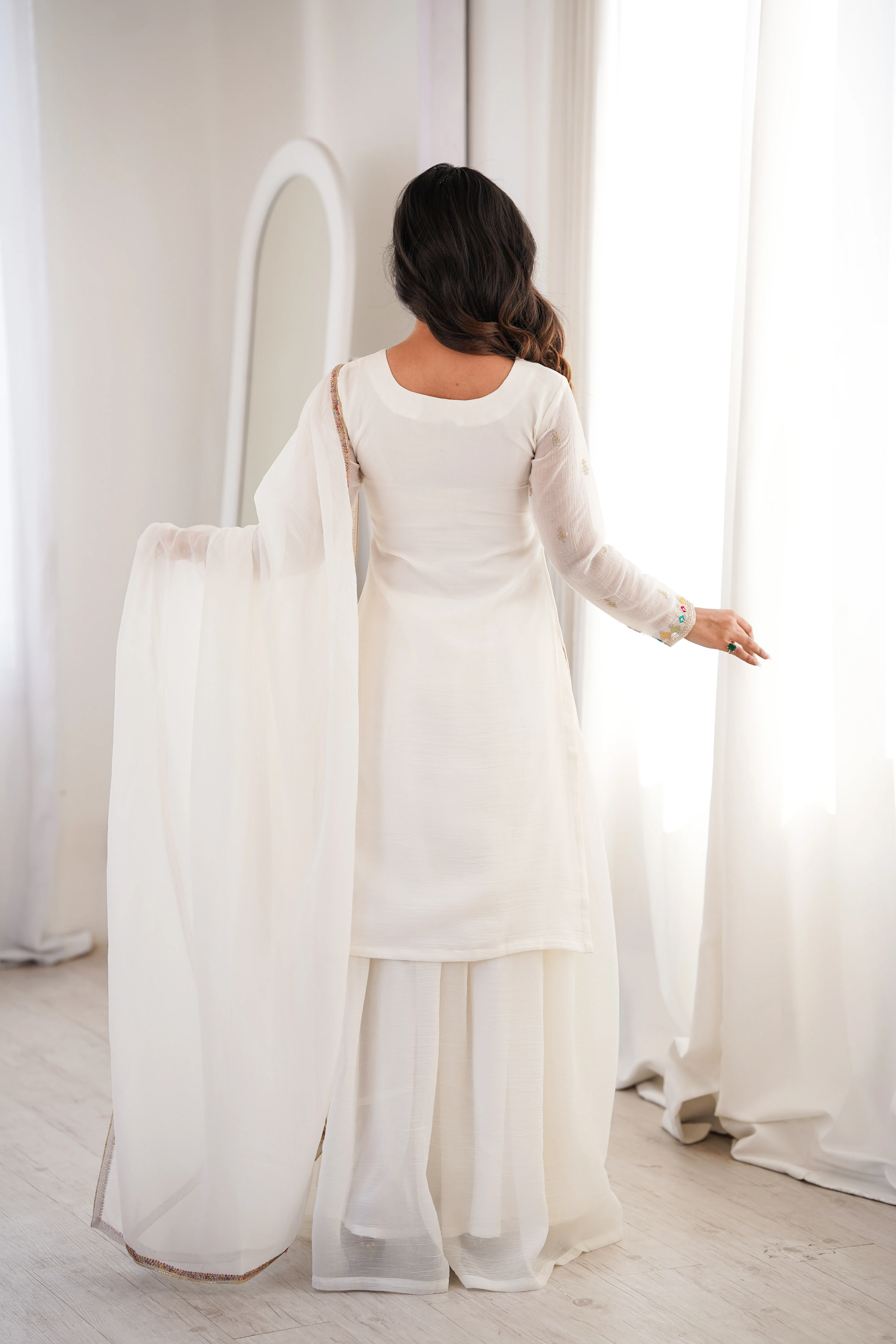 Premium White Crunchy Silk Kurta Set with Flared Sharara and Fancy Dupatta - Image 6
