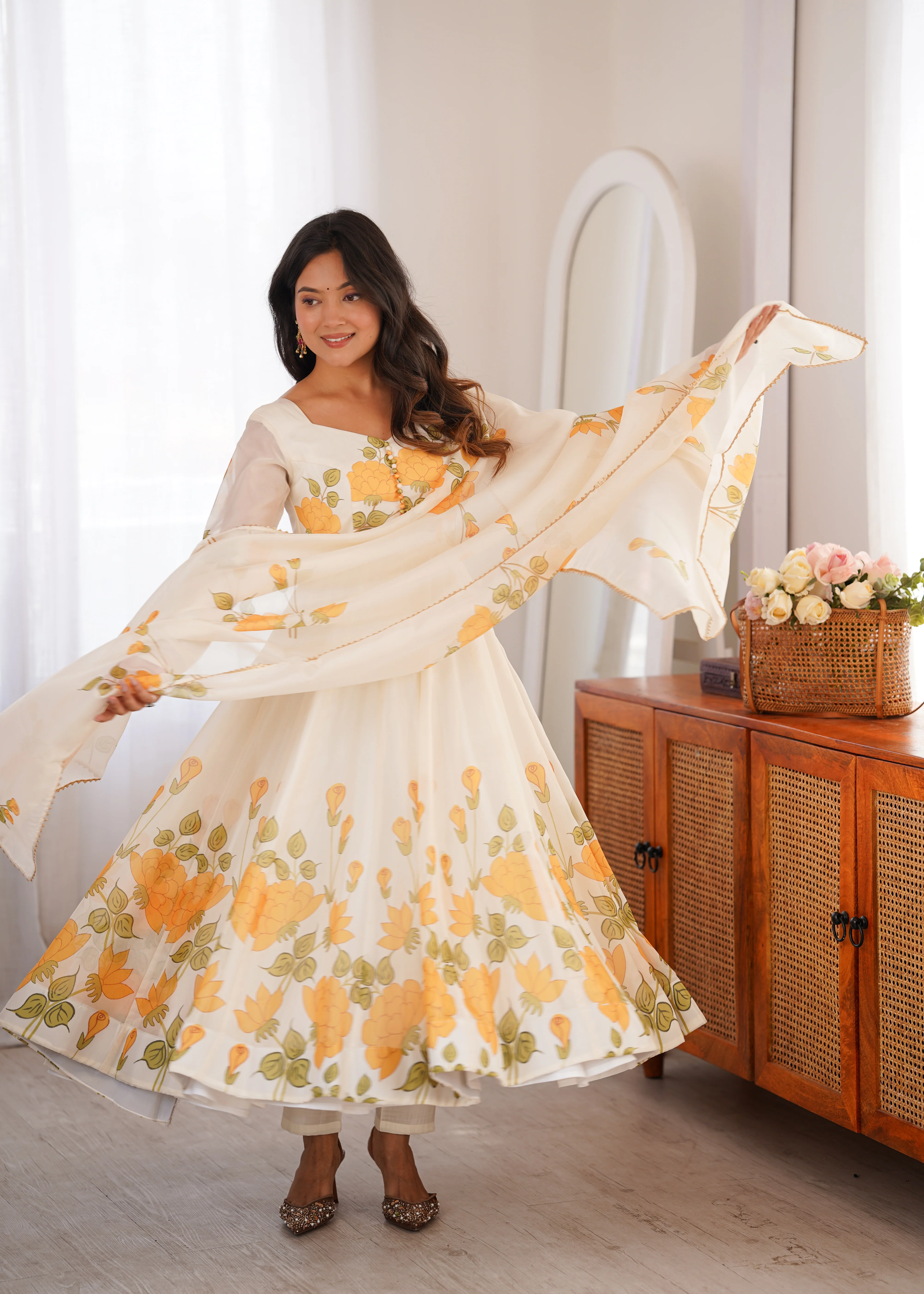 Premium White Organza Silk Floral Print Anarkali Gown with Pant and Dupatta Set - Image 2