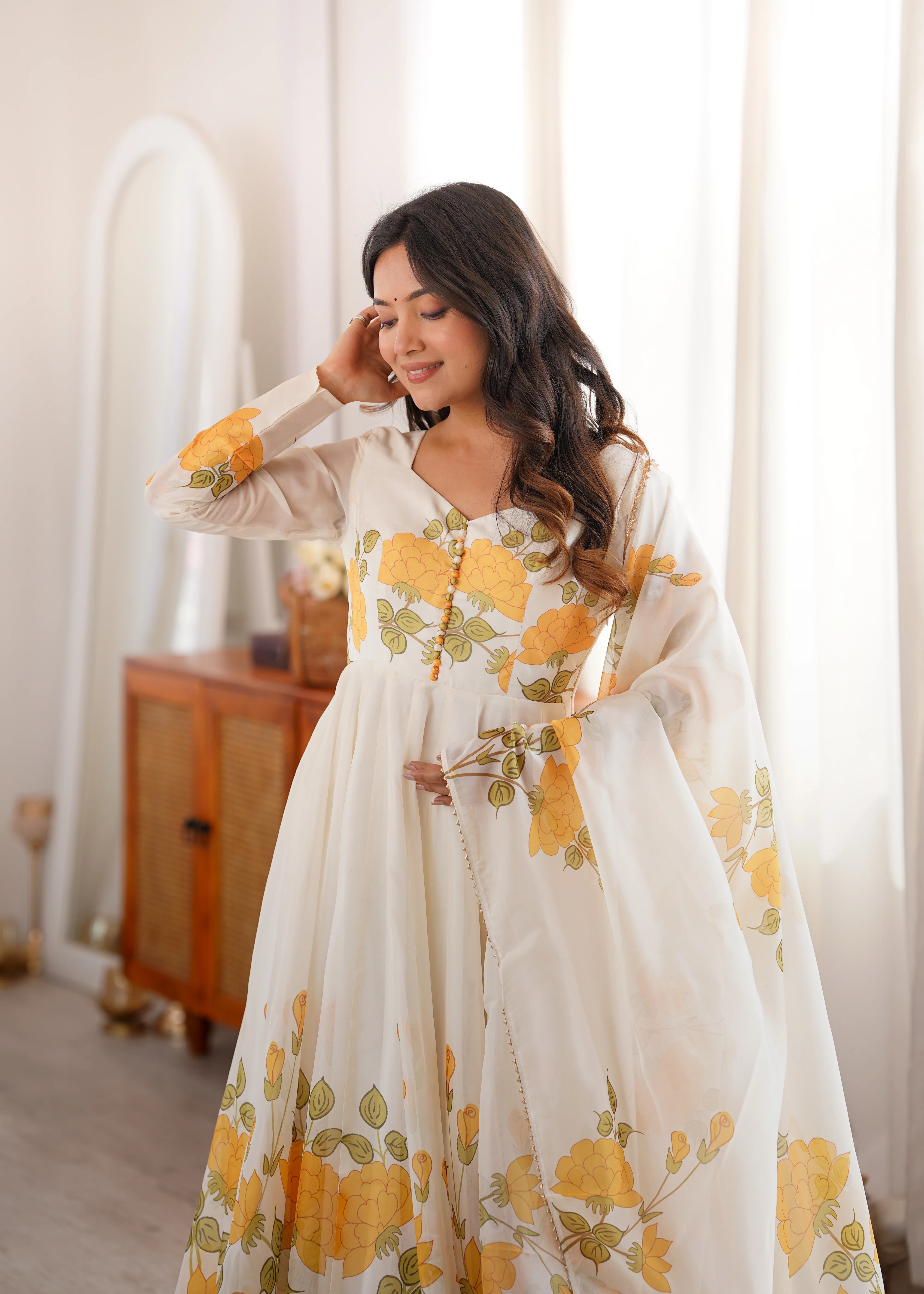 Premium White Organza Silk Floral Print Anarkali Gown with Pant and Dupatta Set - Image 3