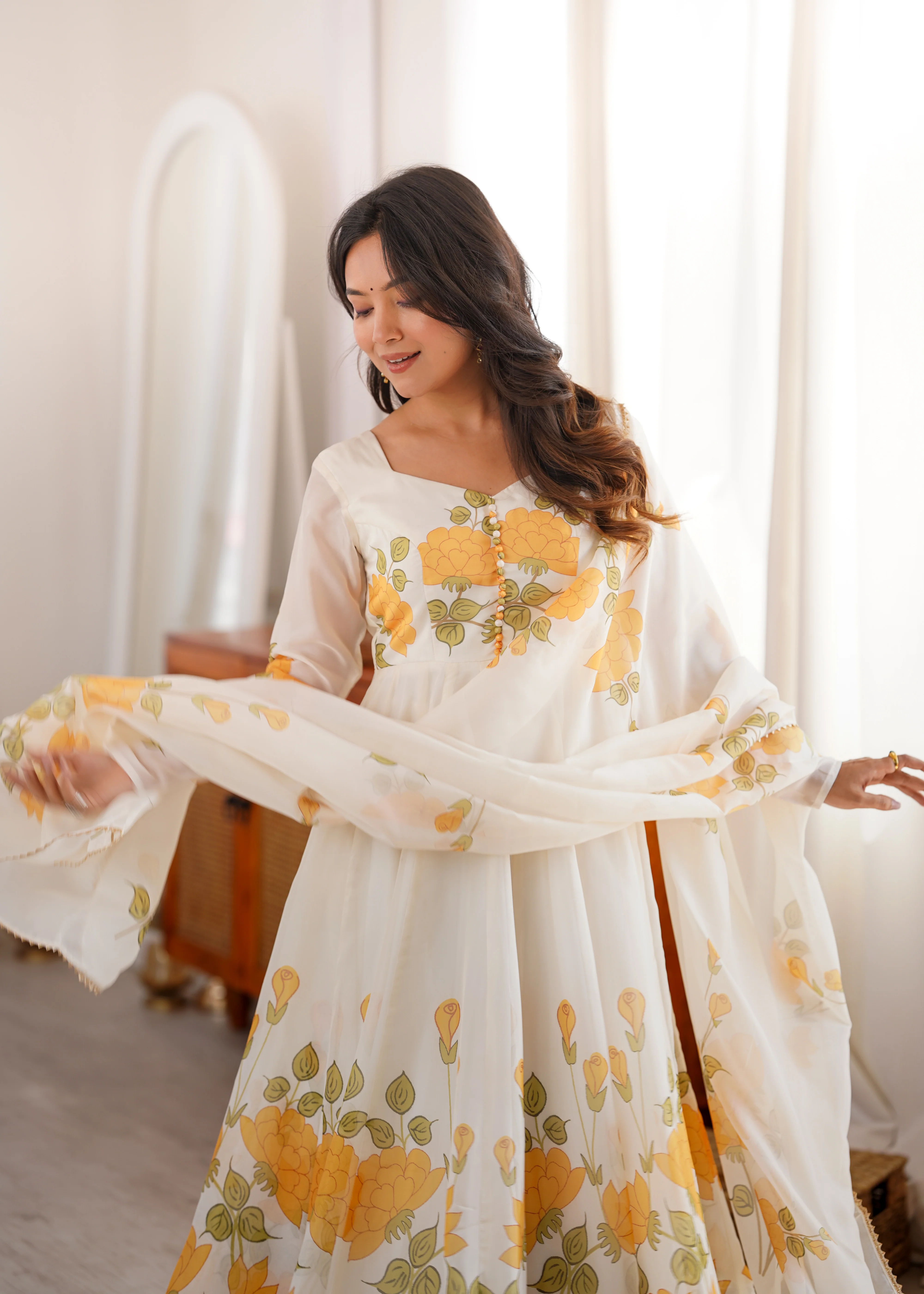 Premium White Organza Silk Floral Print Anarkali Gown with Pant and Dupatta Set - Image 4