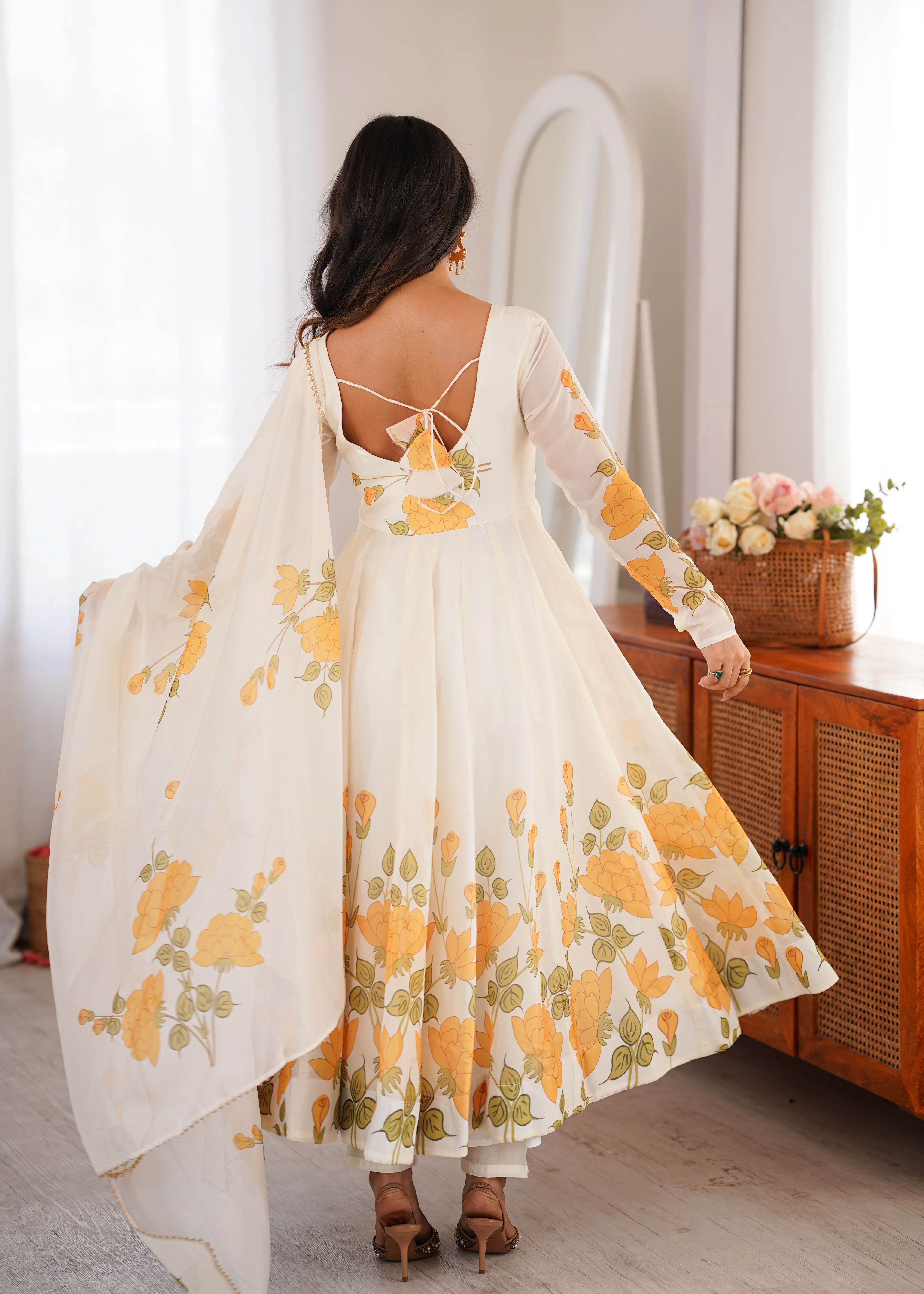 Premium White Organza Silk Floral Print Anarkali Gown with Pant and Dupatta Set - Image 5