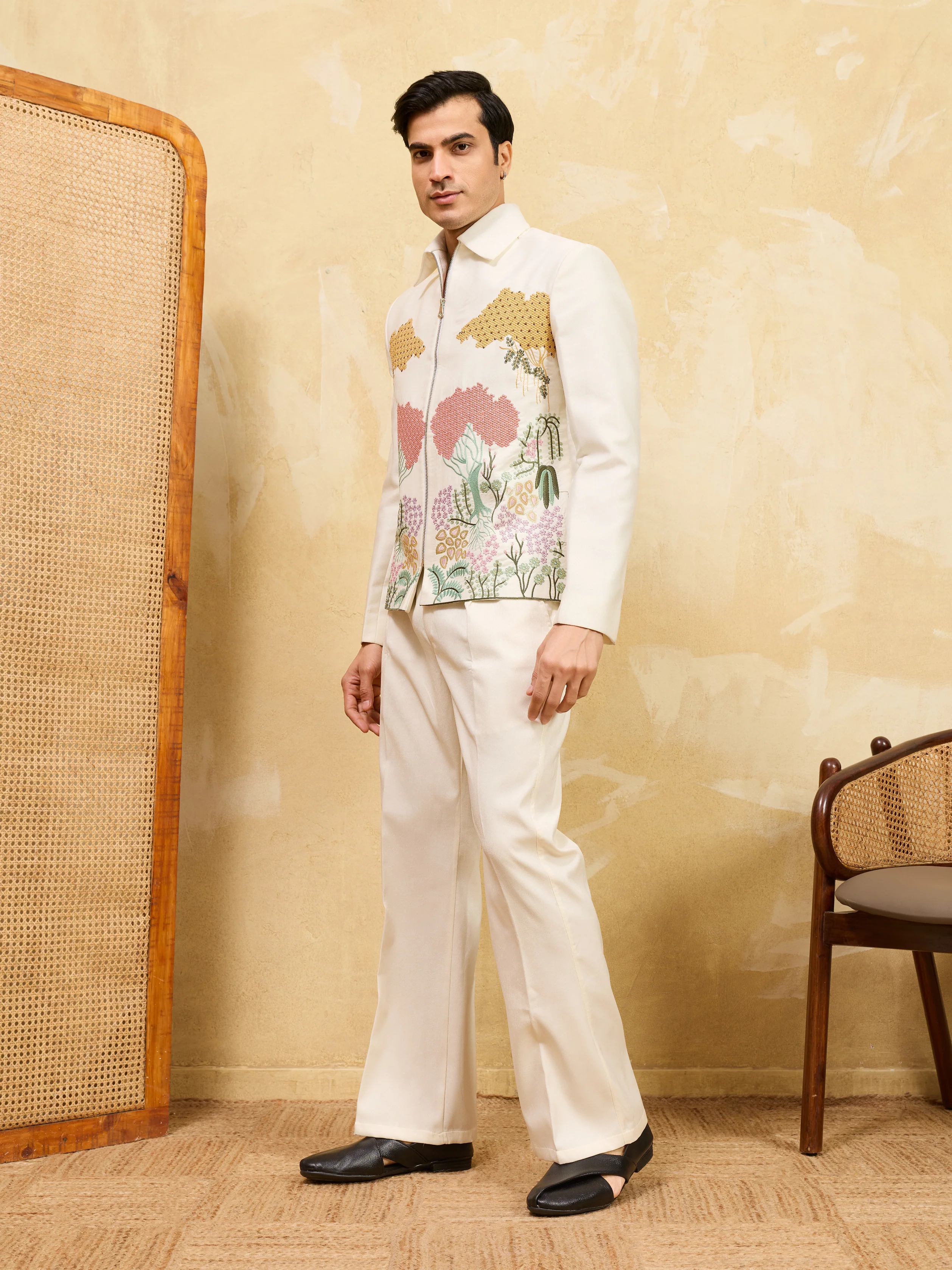 Premium White Bomber Jacket Featuring Multi Thread Sequin Work with Pant - Image 4