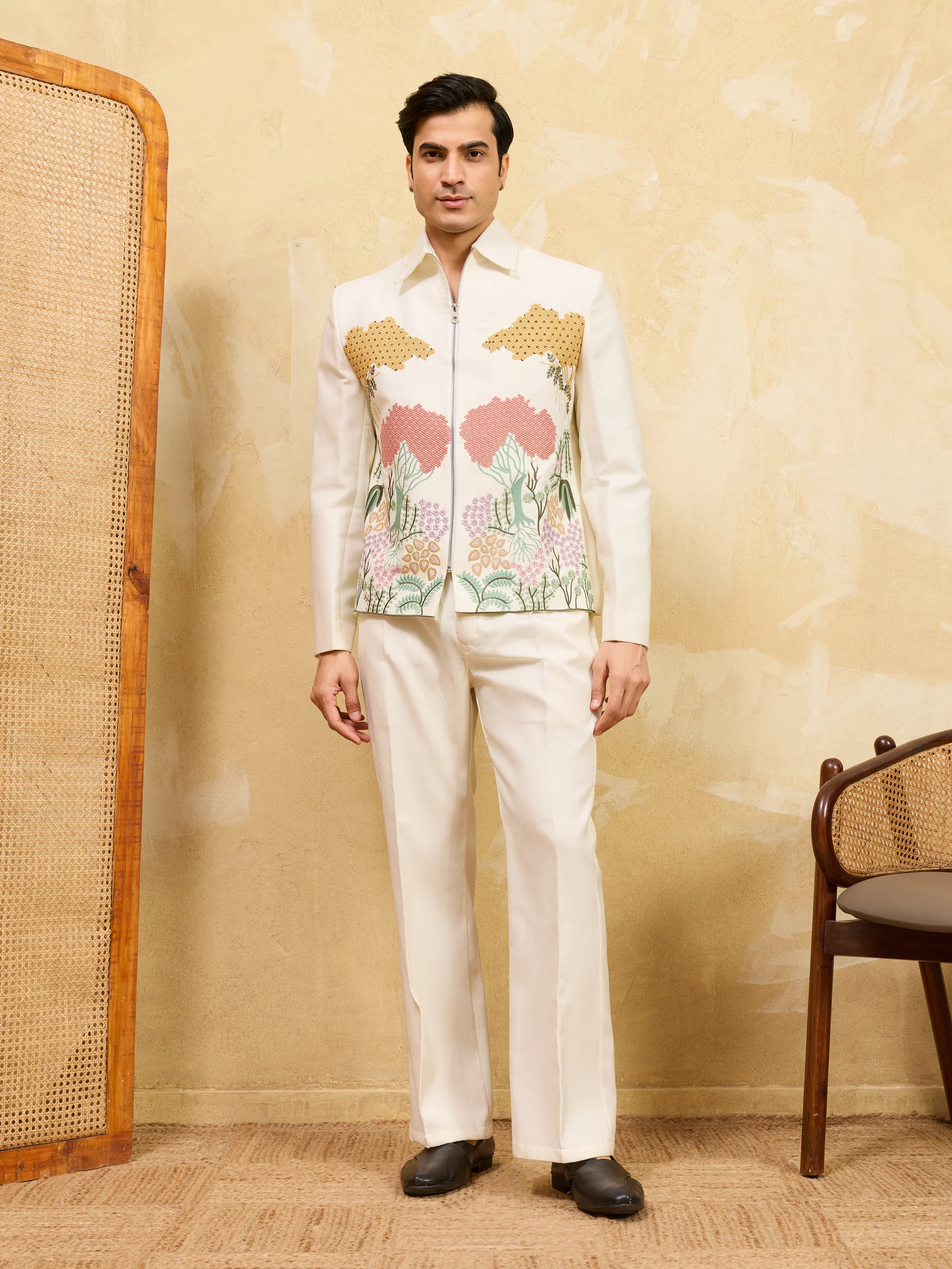 Premium White Bomber Jacket Featuring Multi Thread Sequin Work with Pant - Image 5