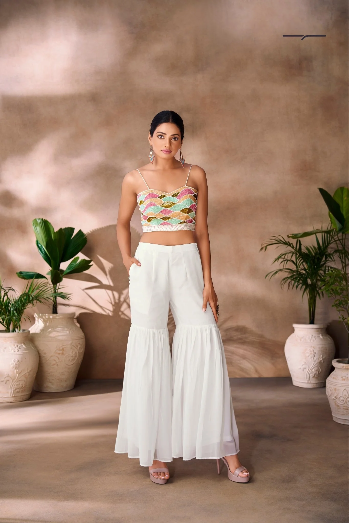 Pristine White Georgette Hand Embellished Designer Co-Ord Set - Image 3
