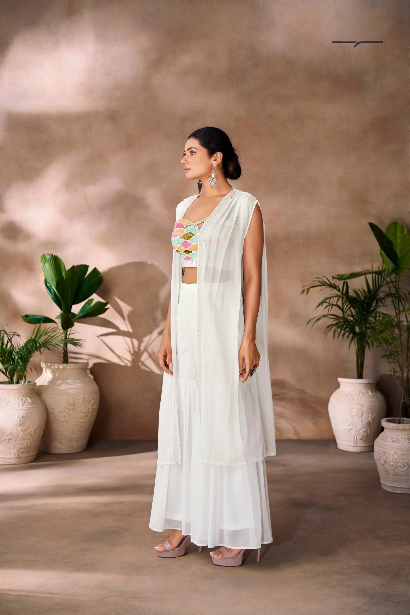 Pristine White Georgette Hand Embellished Designer Co-Ord Set - Image 4