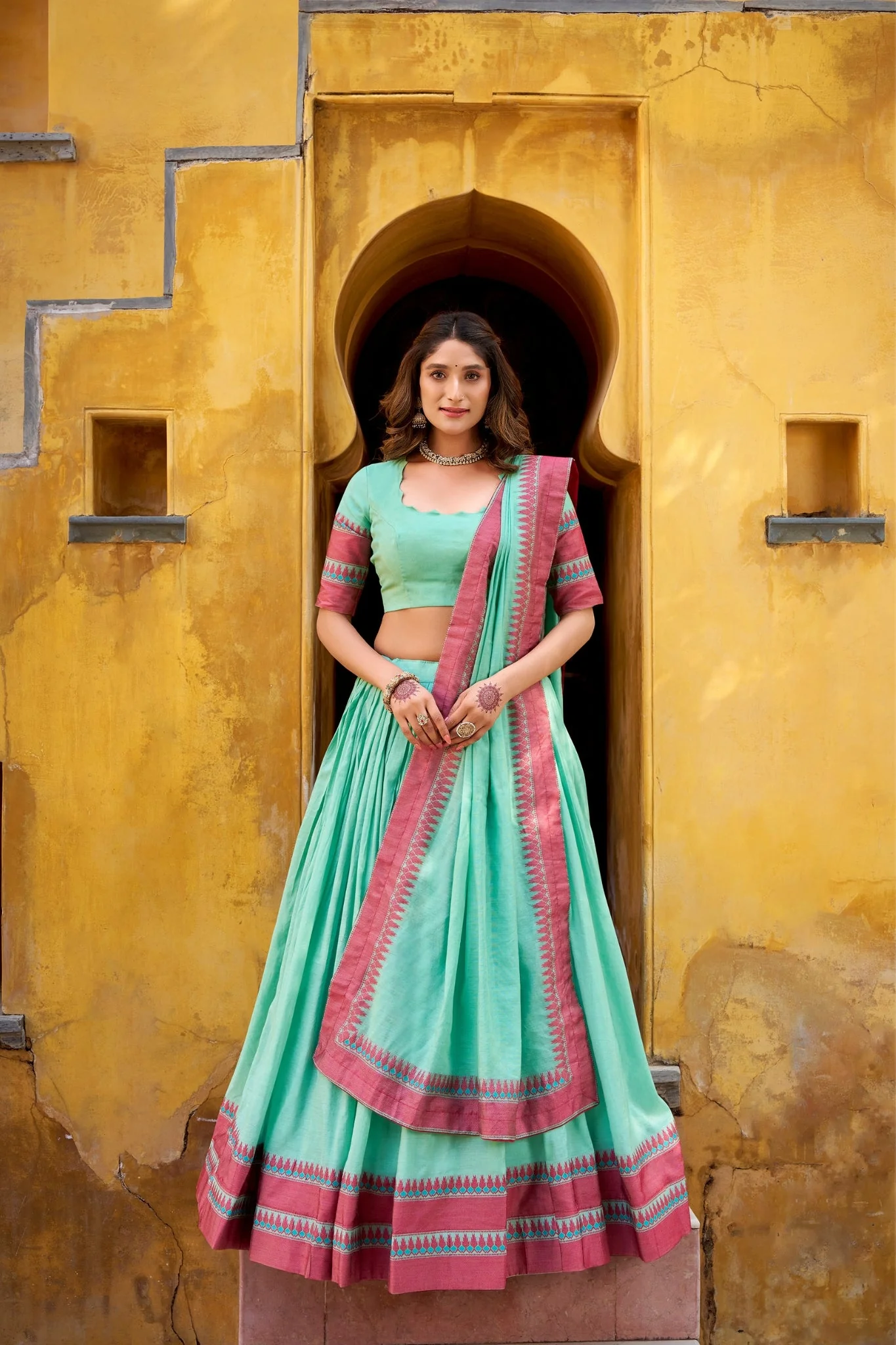 Pure Chanderi Thread Embroidered Regal Lehenga Set - Image 8