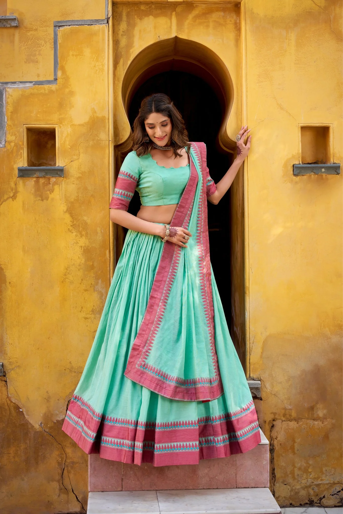 Pure Chanderi Thread Embroidered Regal Lehenga Set - Image 9