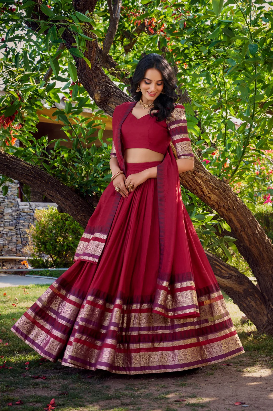 Pure Chanderi Zari Border Lehenga Choli with Dupatta - Image 2