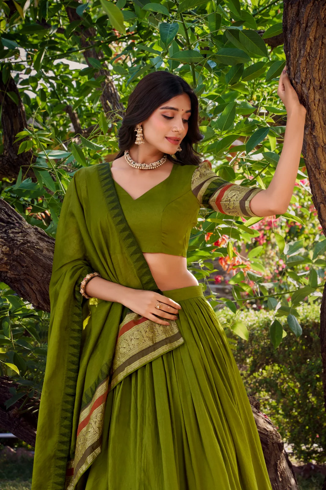 Pure Chanderi Zari Border Lehenga Choli with Dupatta - Image 6