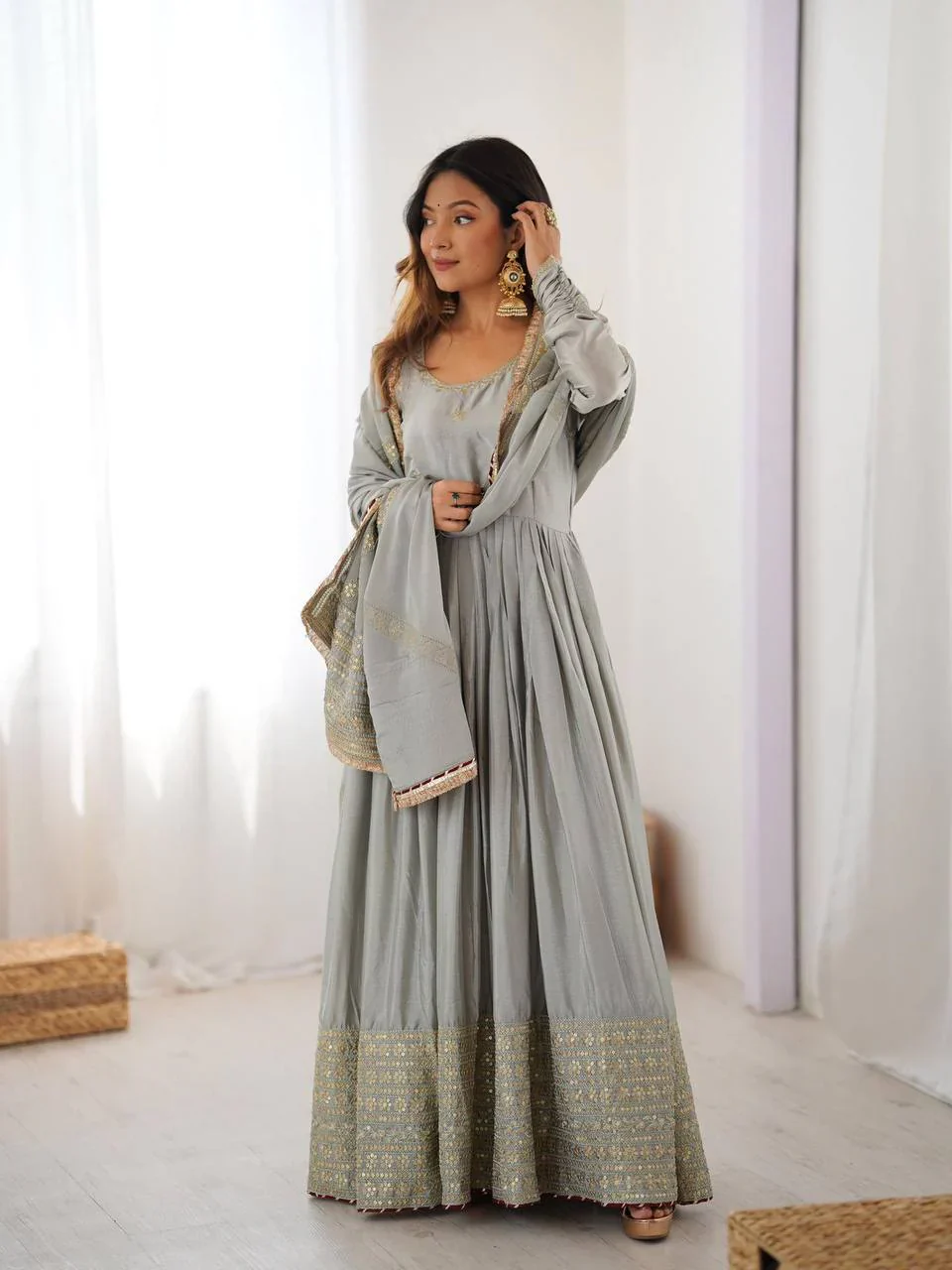 Pure Chinon Silk Thread with Sequence Work Women Gown Set - Image 14