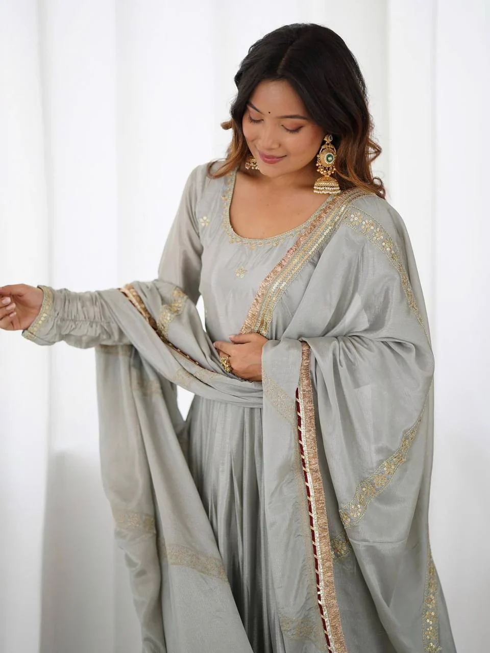 Pure Chinon Silk Thread with Sequence Work Women Gown Set - Image 15