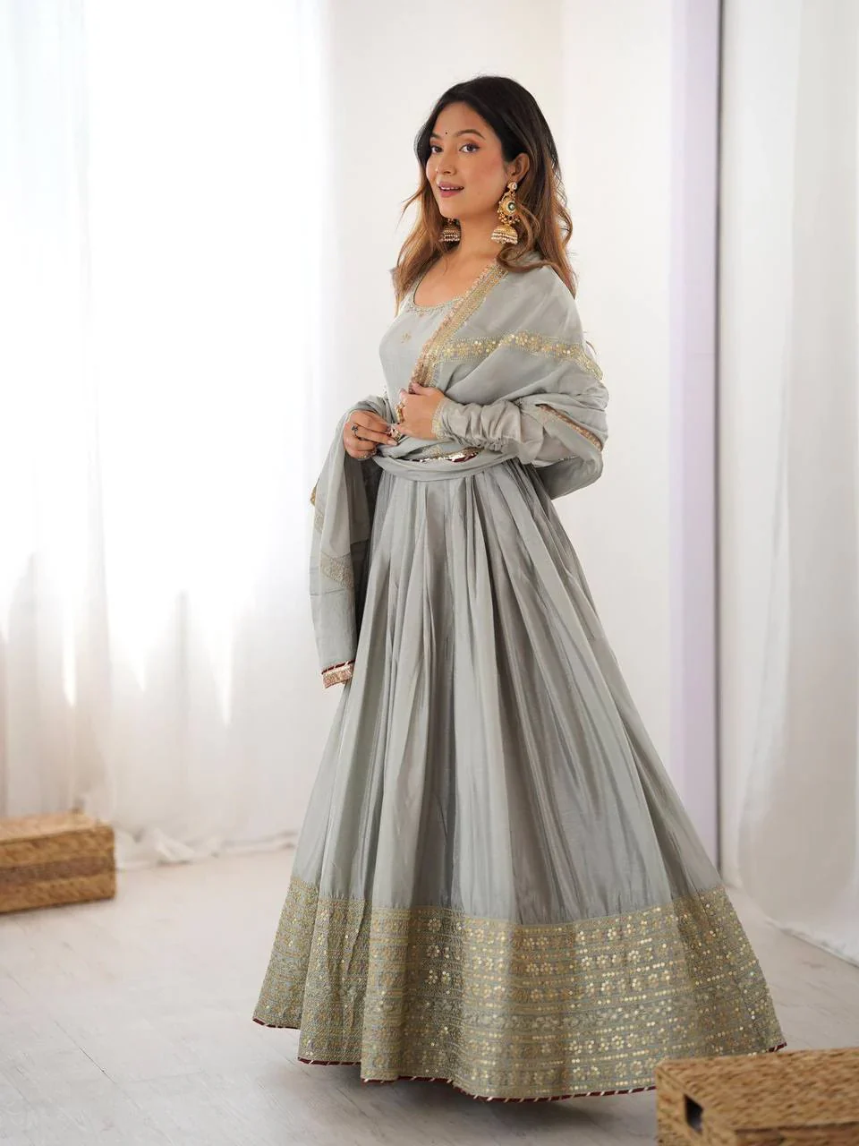 Pure Chinon Silk Thread with Sequence Work Women Gown Set - Image 16