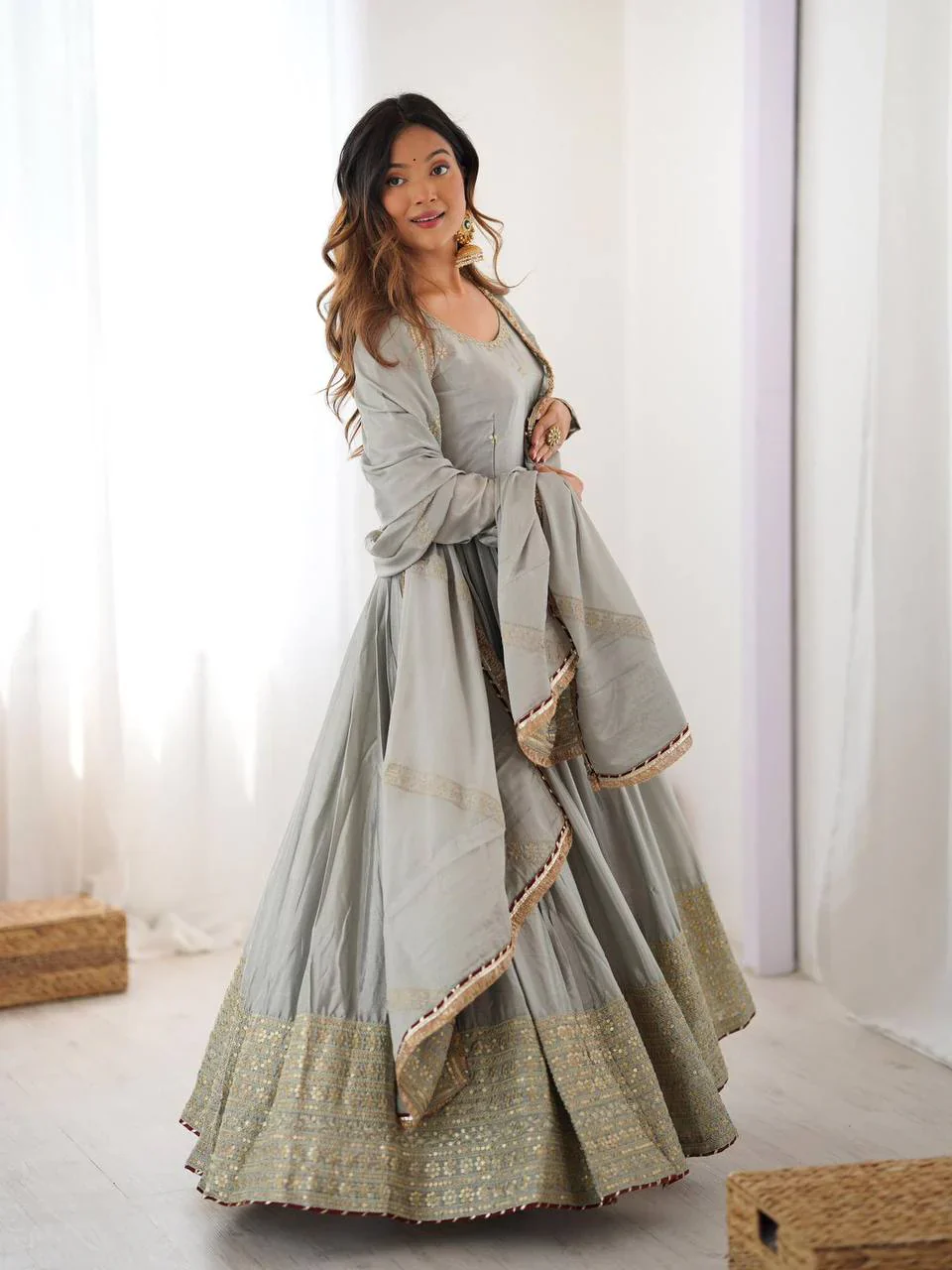 Pure Chinon Silk Thread with Sequence Work Women Gown Set - Image 17