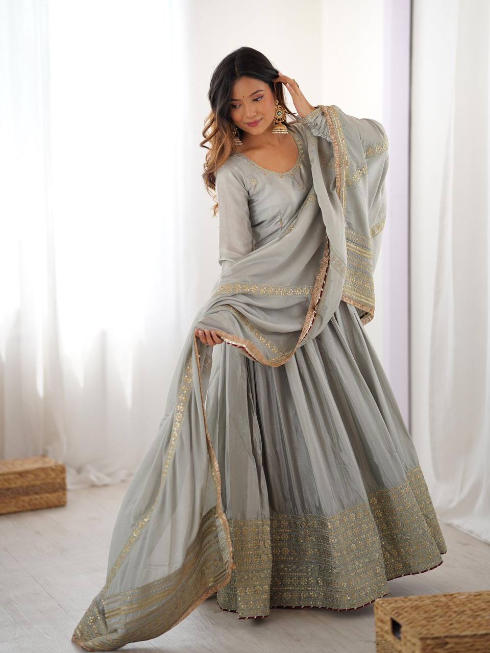 Pure Chinon Silk Thread with Sequence Work Women Gown Set - Image 18