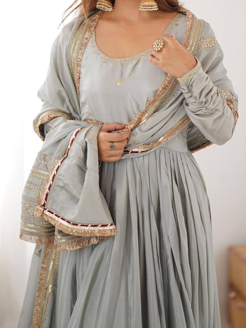 Pure Chinon Silk Thread with Sequence Work Women Gown Set - Image 19