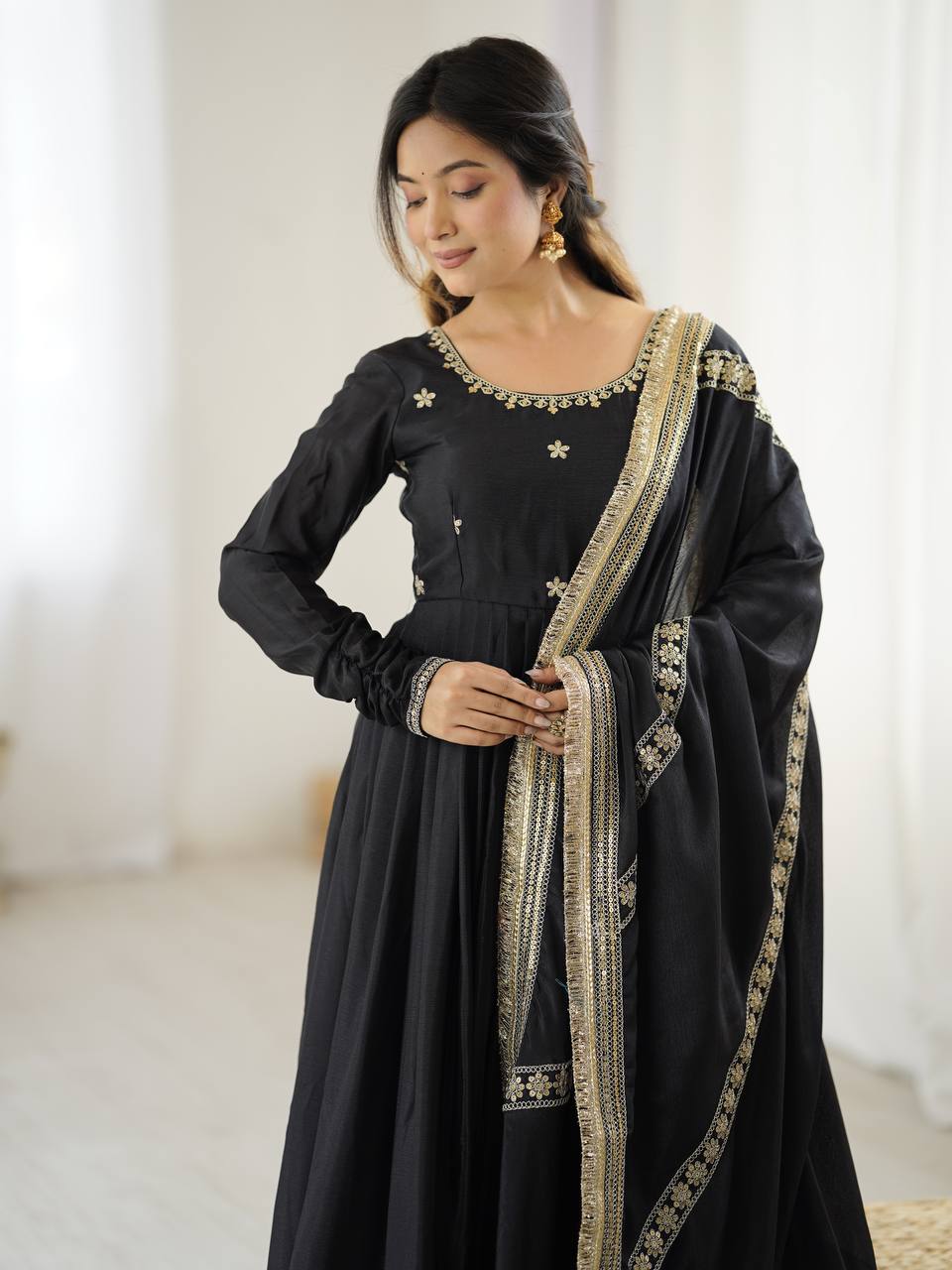 Pure Chinon Silk Thread with Sequence Work Women Gown Set - Image 3