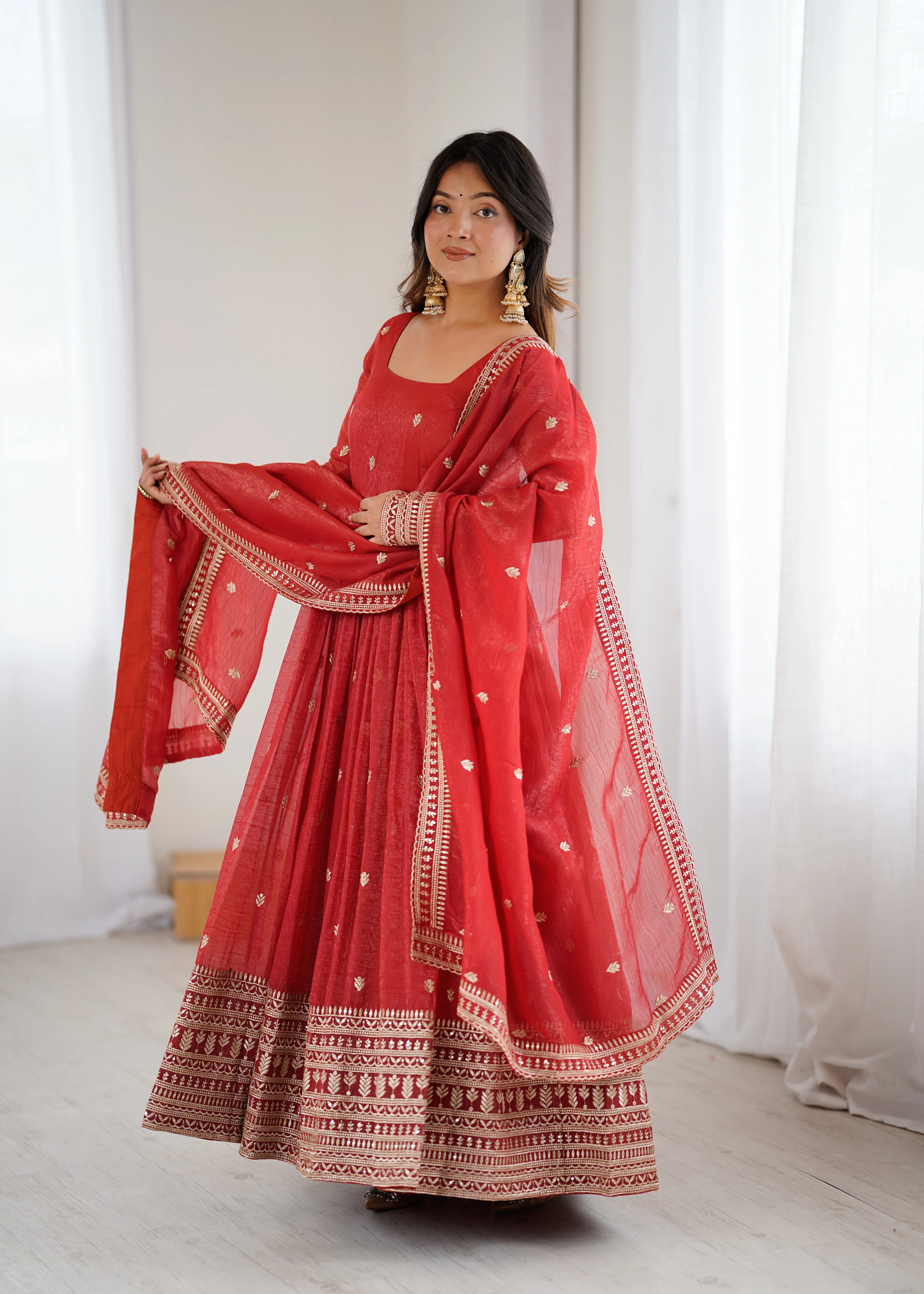 Pure Red Crunchy Silk Fancy Embroidery Suit Set With Dupatta - Image 2