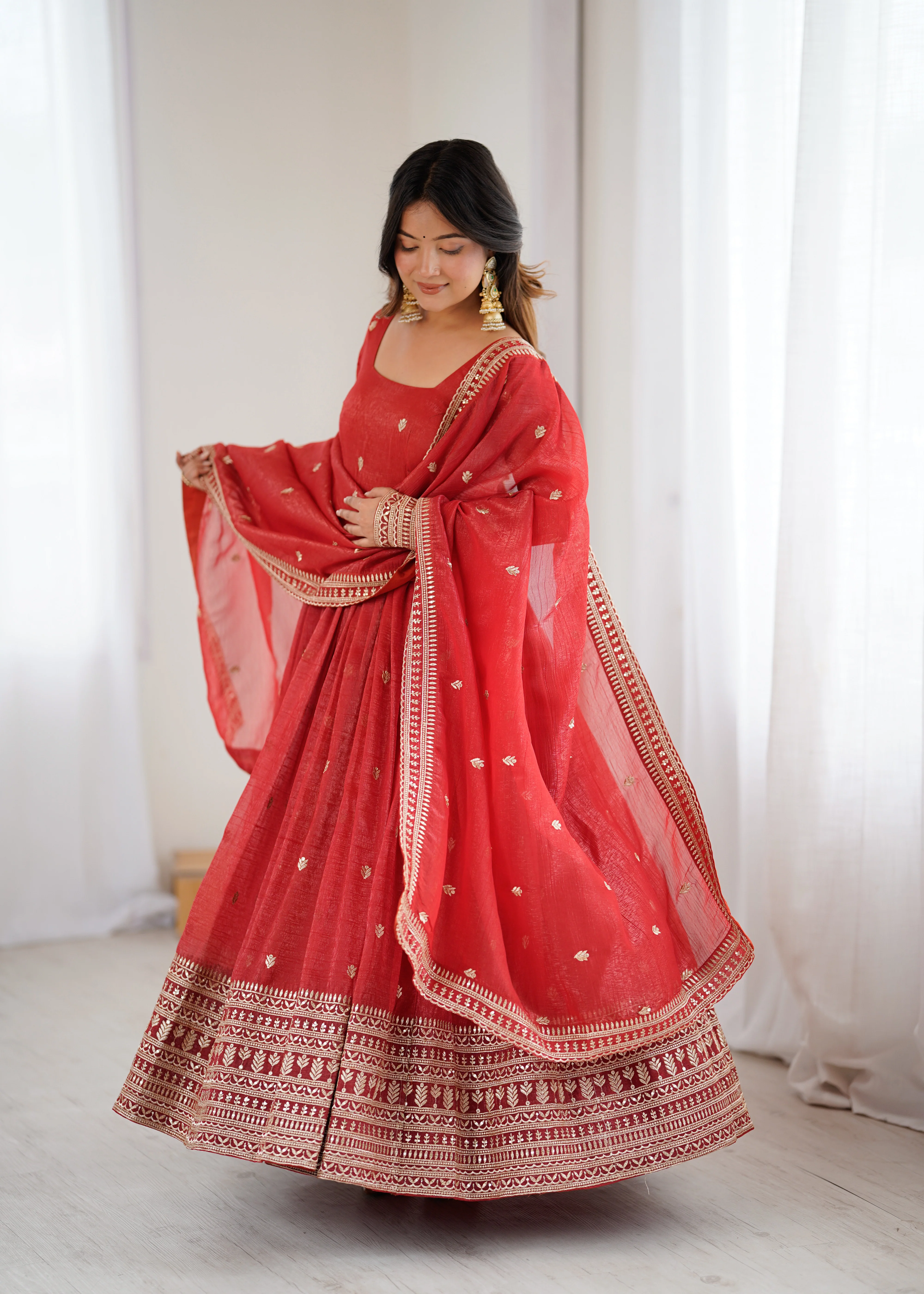 Pure Red Crunchy Silk Fancy Embroidery Suit Set With Dupatta - Image 3