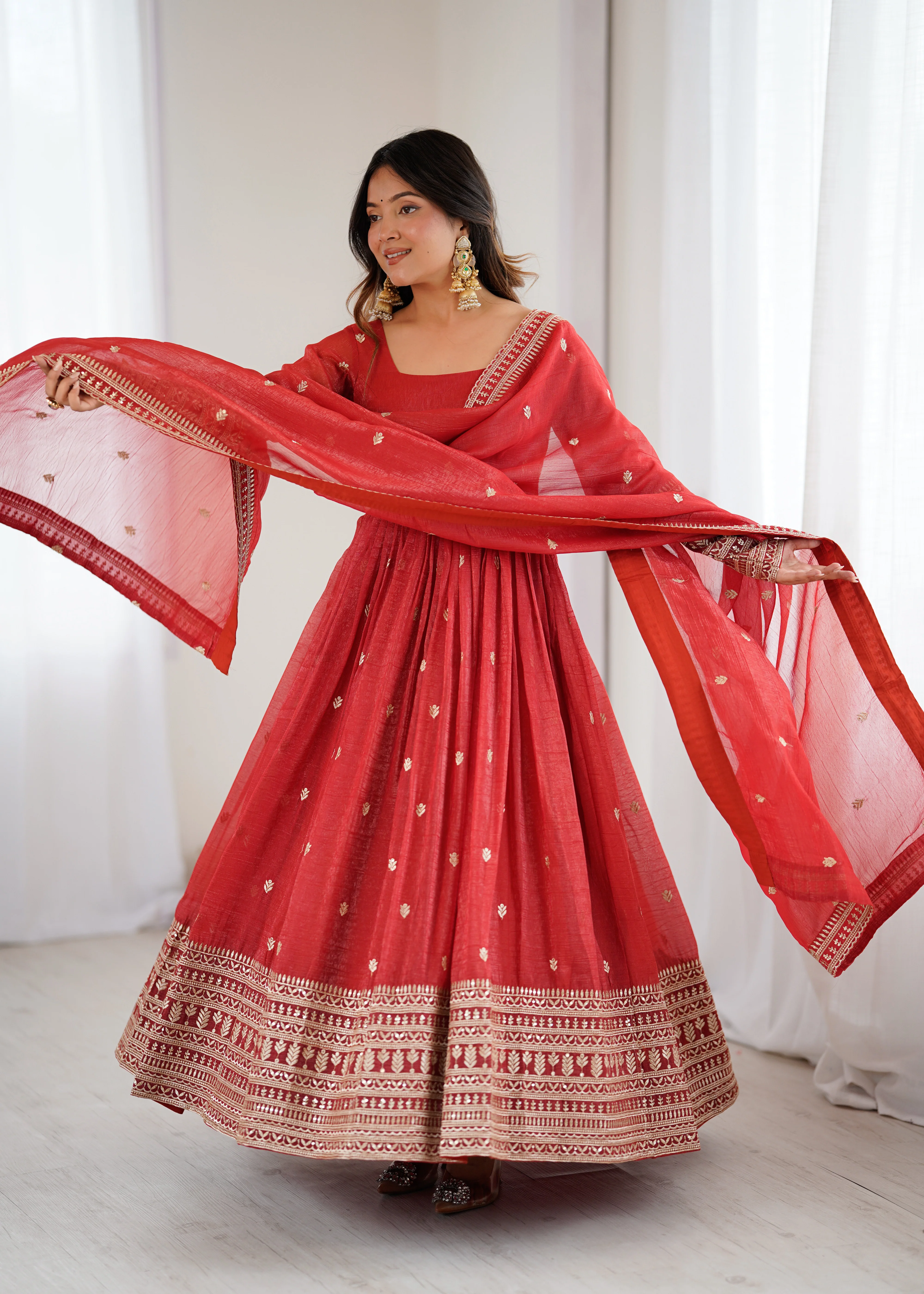 Pure Red Crunchy Silk Fancy Embroidery Suit Set With Dupatta - Image 4
