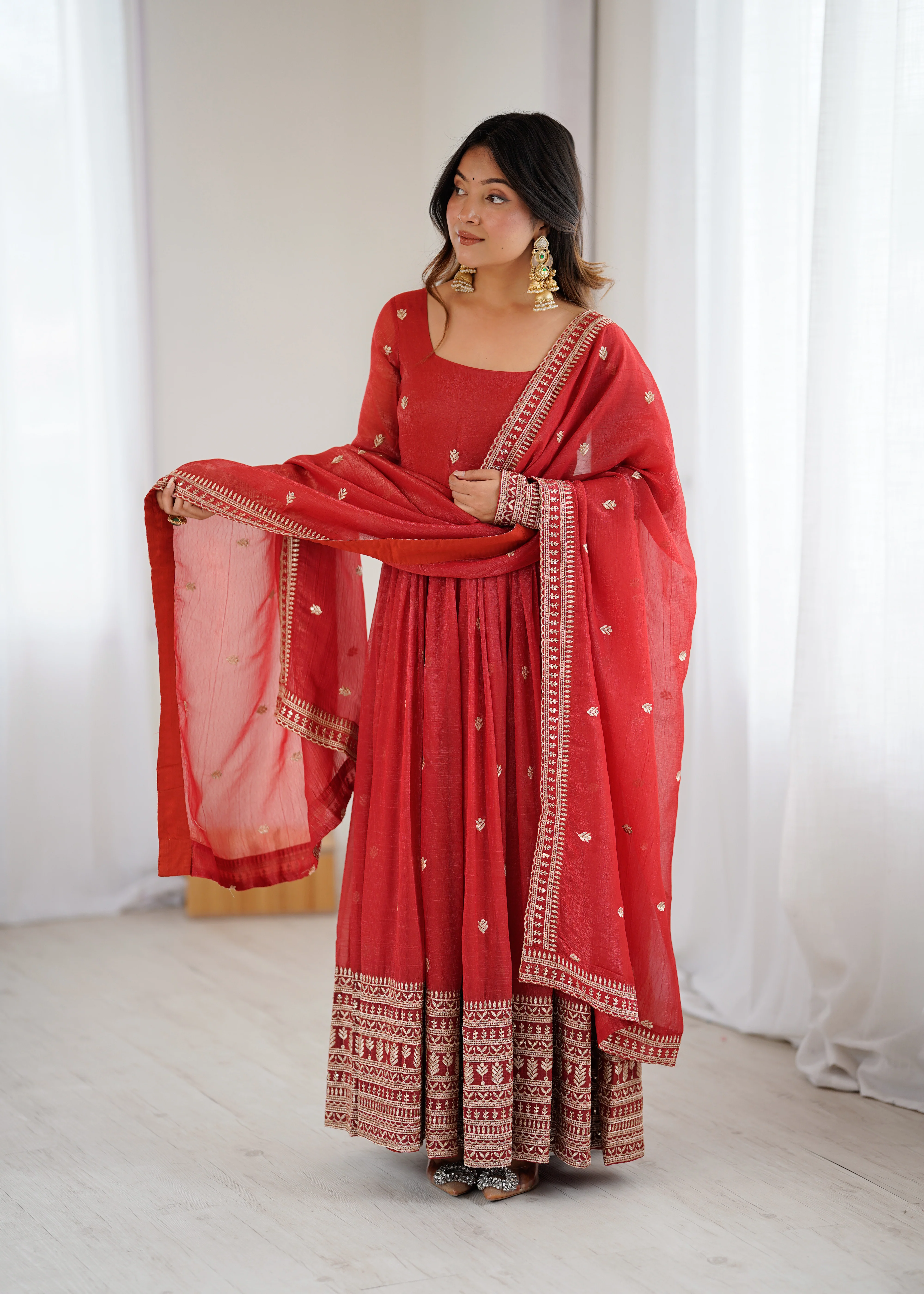 Pure Red Crunchy Silk Fancy Embroidery Suit Set With Dupatta - Image 5